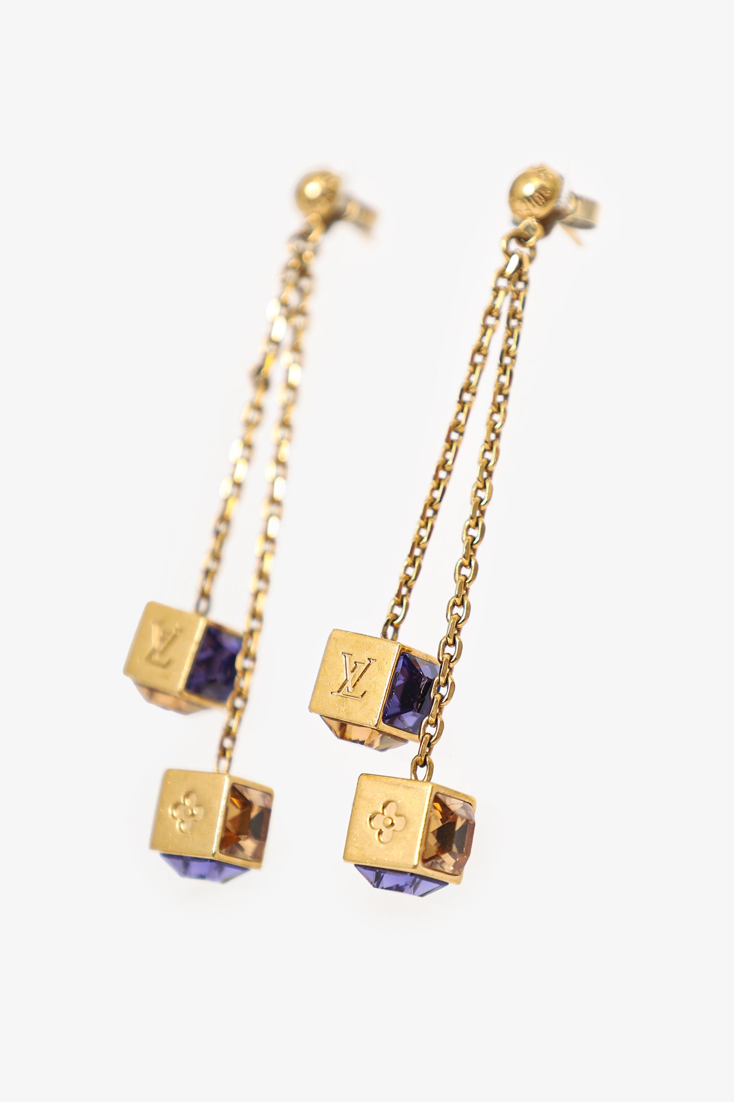 Louis Vuitton Gold Tone/Purple Crystal 'LV' Gamble Drop Earrings