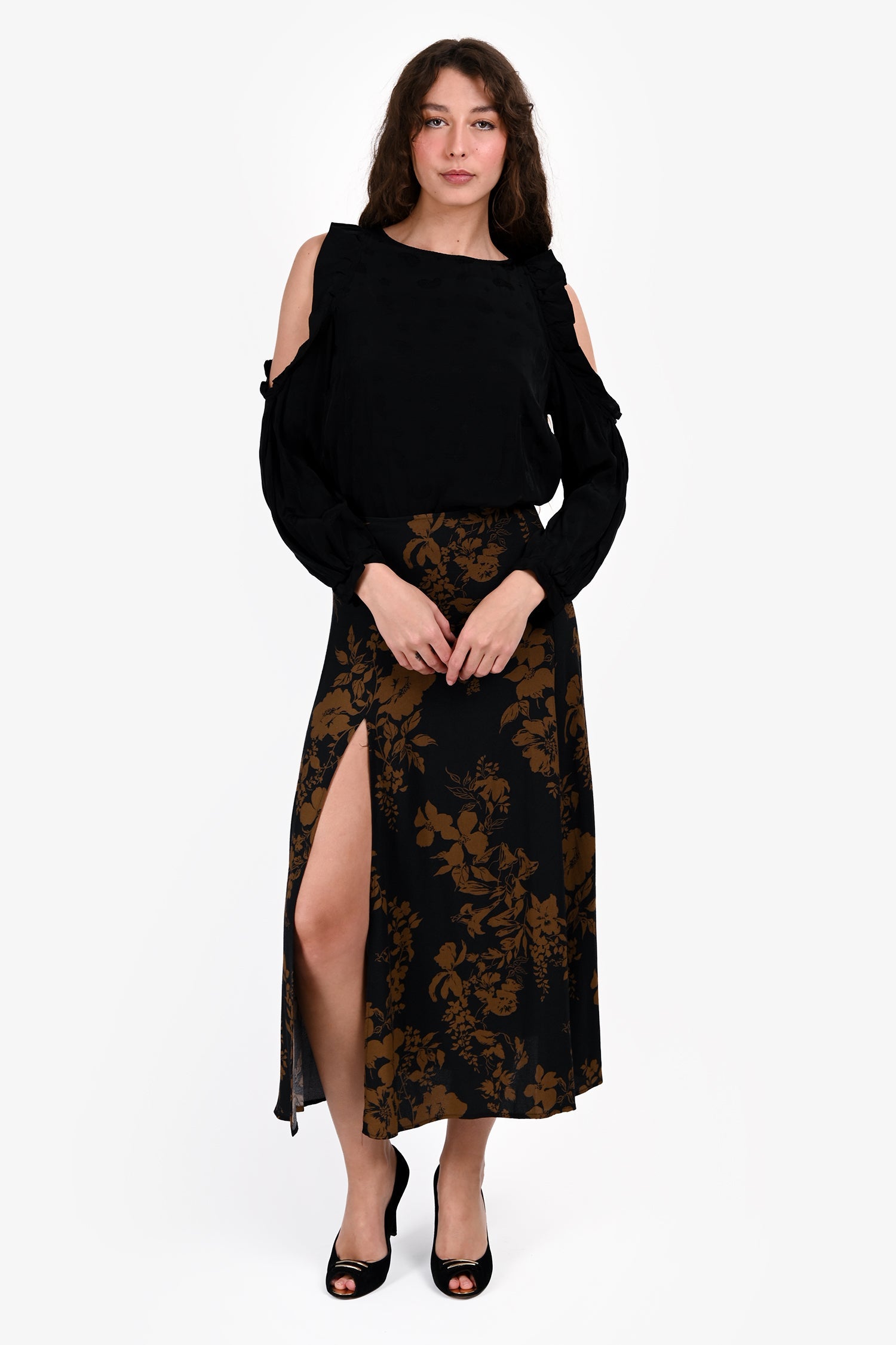 Reformation Navy/Brown Floral Print Midi Skirt Size 8