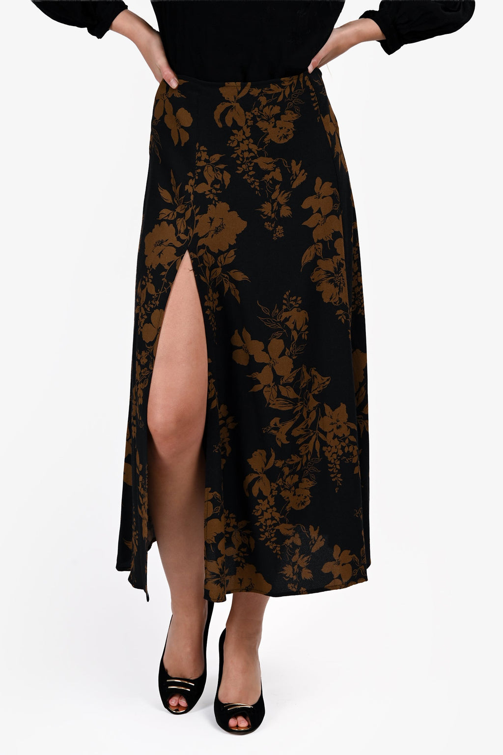 Reformation Navy/Brown Floral Print Midi Skirt Size 8