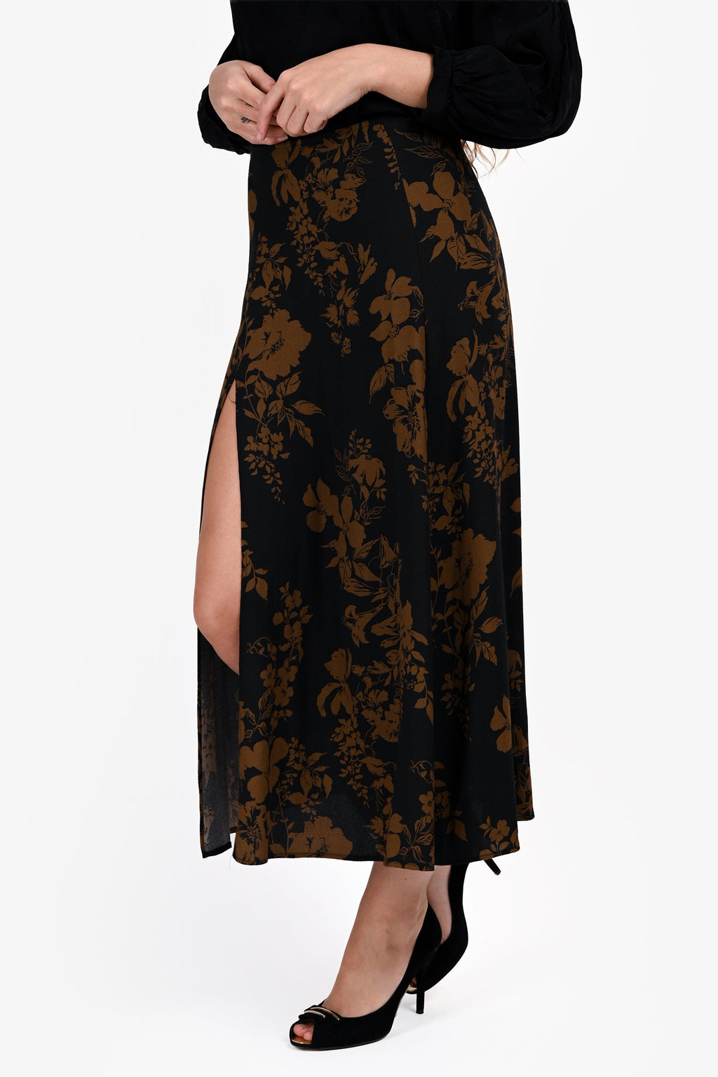 Reformation Navy/Brown Floral Print Midi Skirt Size 8