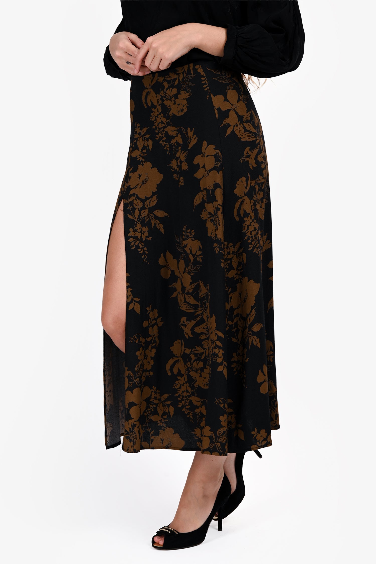 Reformation Navy/Brown Floral Print Midi Skirt Size 8