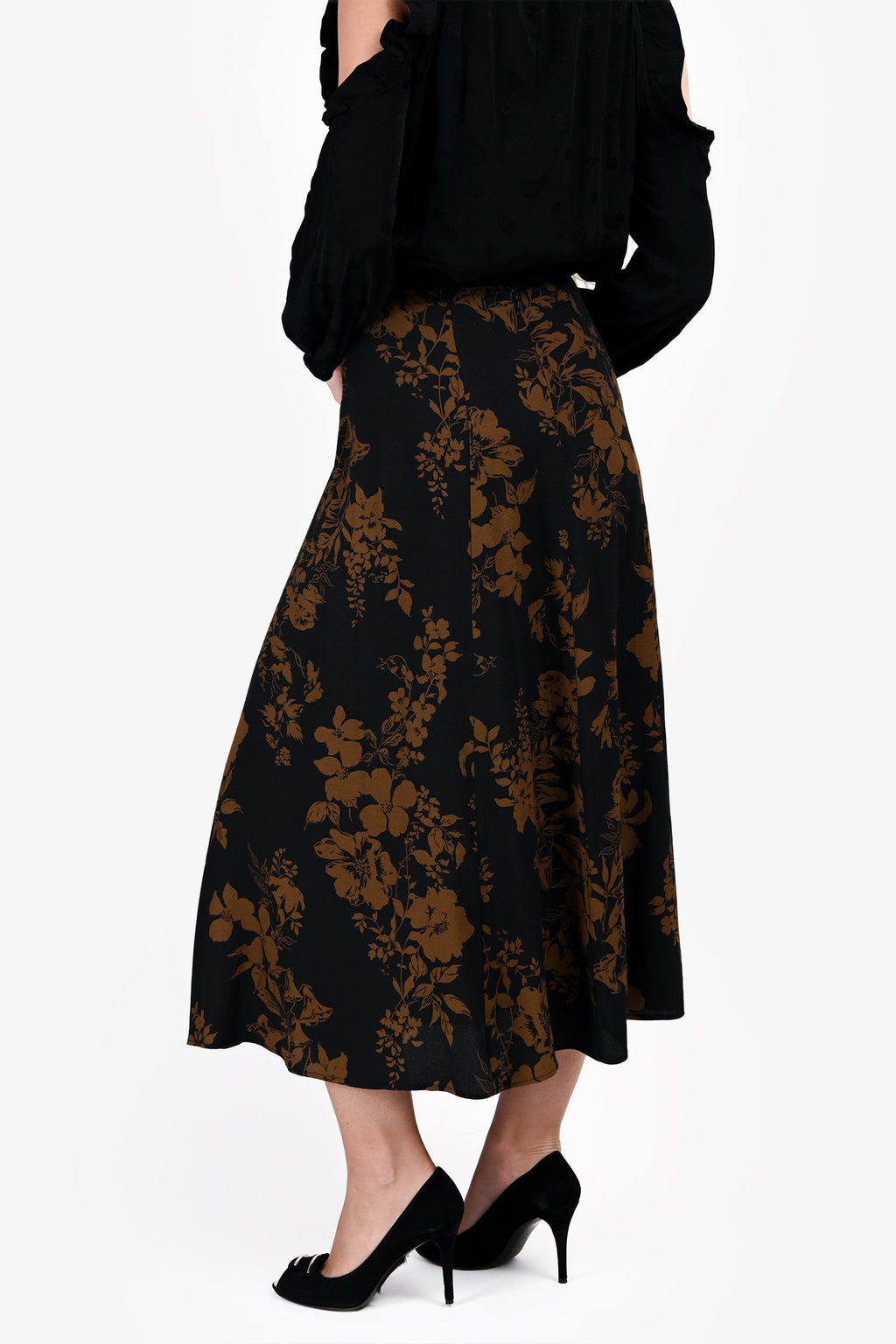 Reformation Navy/Brown Floral Print Midi Skirt Size 8