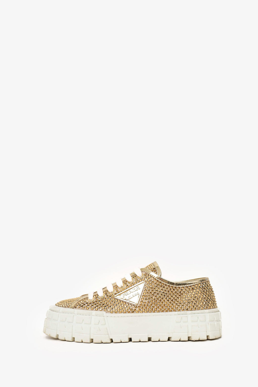 Prada Gold Metallic Satin/Leather Crystal Embellishments Sneakers Size 39