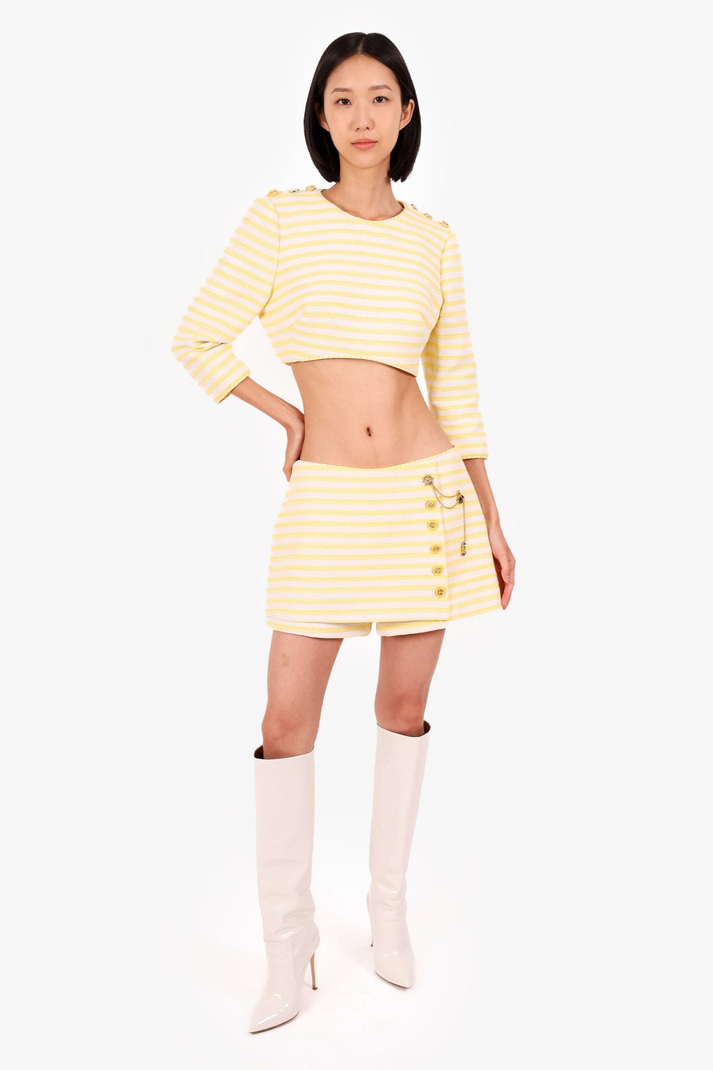 Zimmermann Yellow/White Striped High Tide Cropped Top With Skort Set Size 2