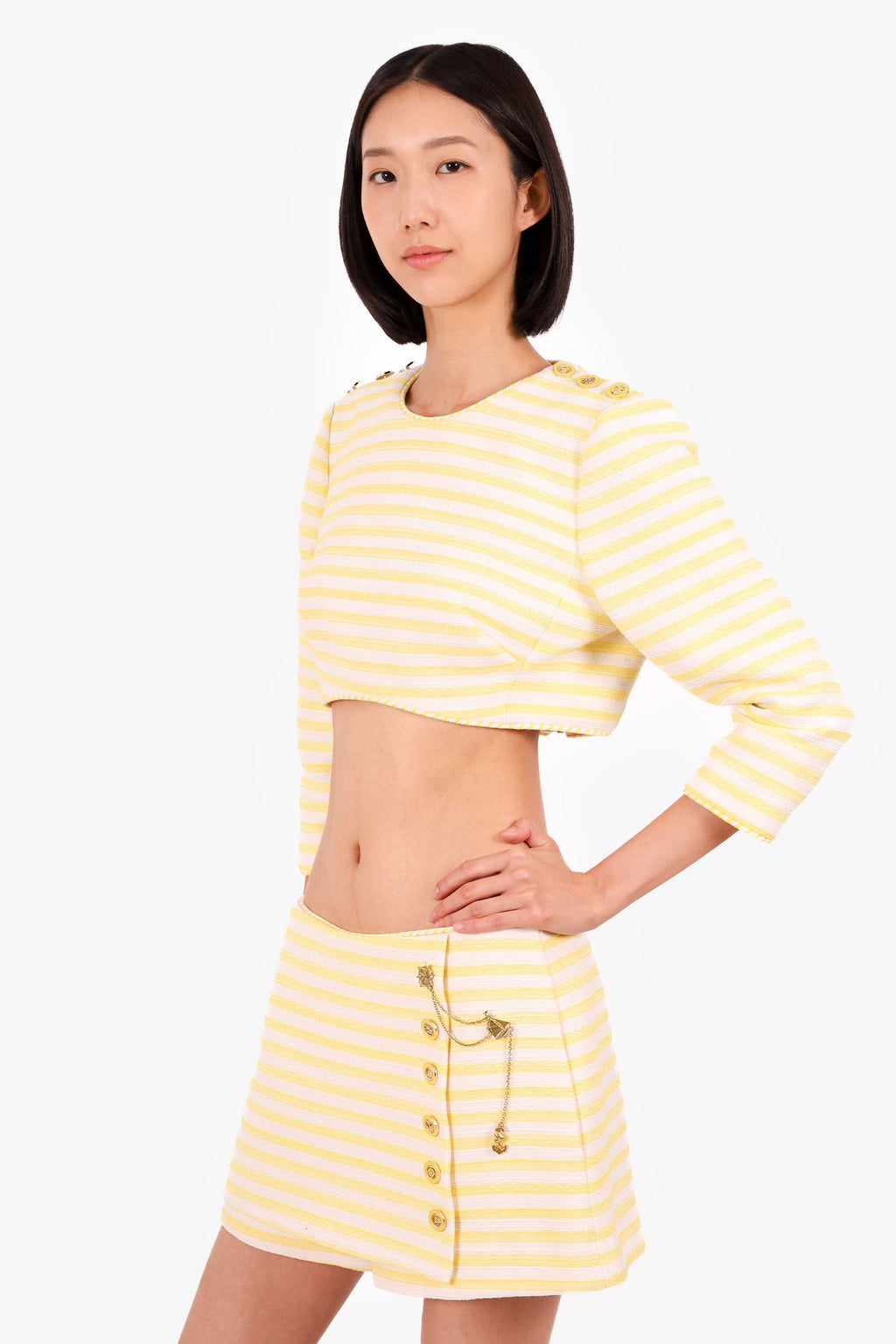 Zimmermann Yellow/White Striped High Tide Cropped Top With Skort Set Size 2