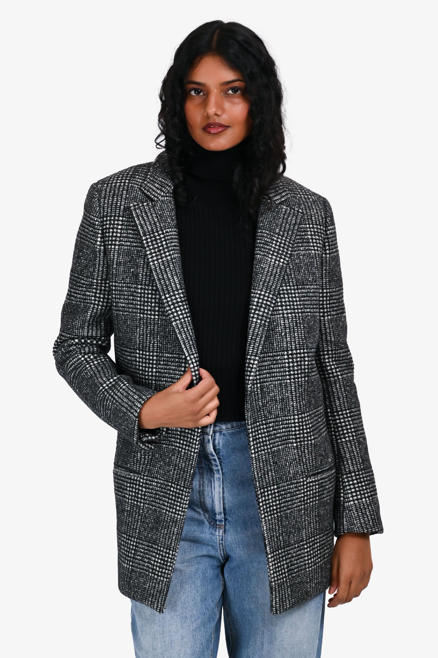 Saint Laurent Black/White Wool Check Coat Size 34