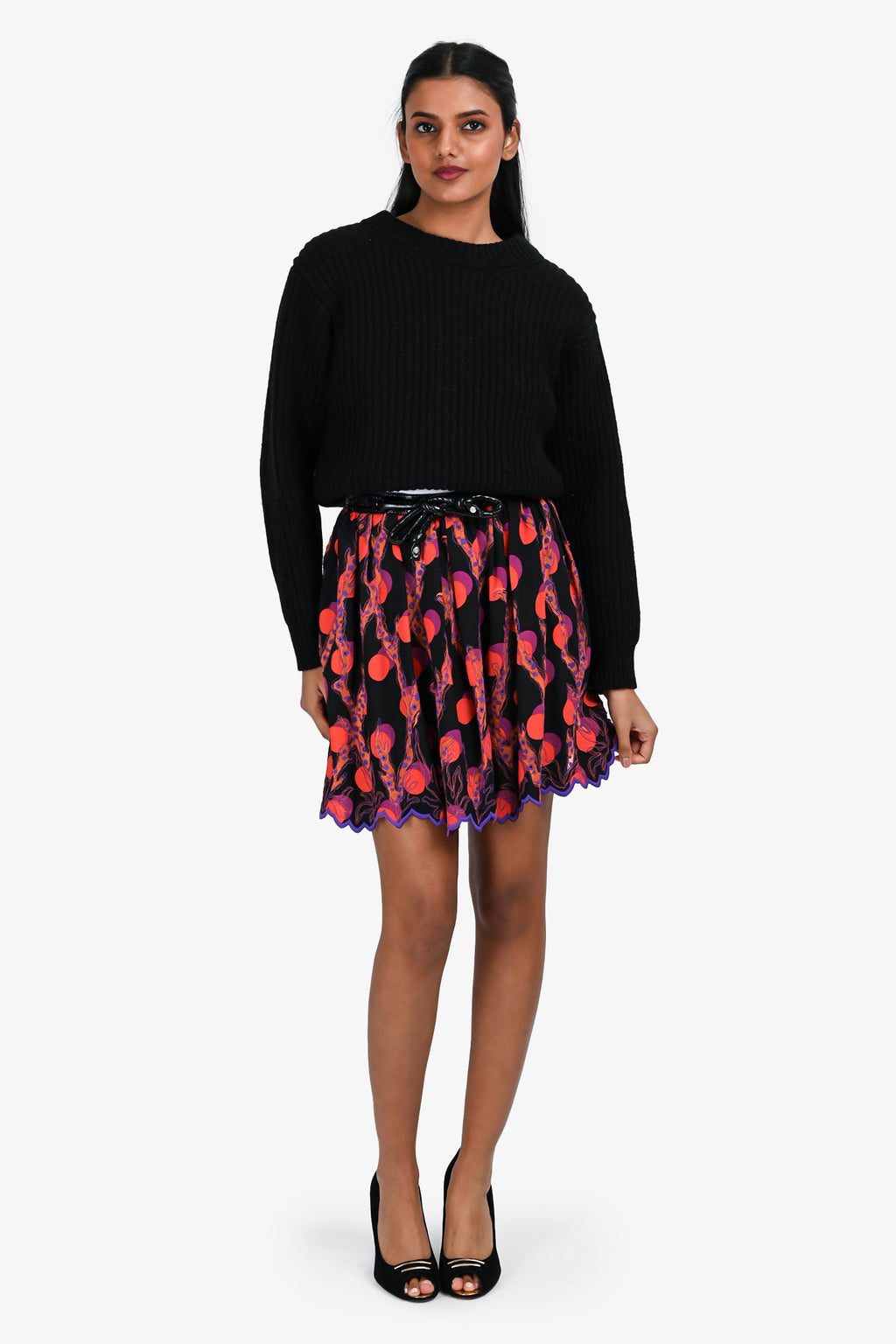 Louis Vuitton Black/Orange Leather/Pleated Skirt Size 38