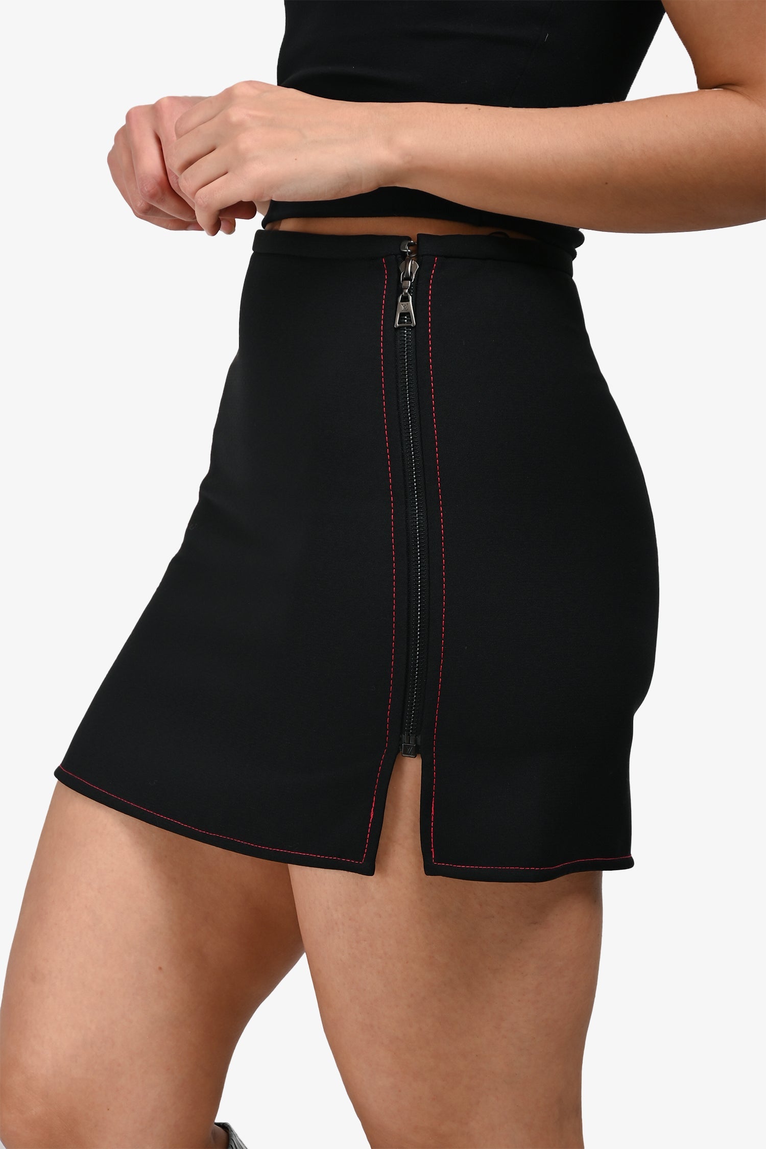 Louis Vuitton Black/Red Top Stitch Mini Skirt Size 36