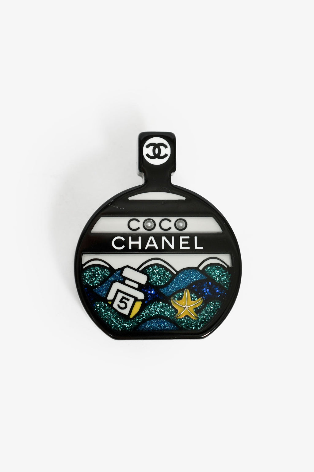 Pre-Loved Chanel™ Black/White Glitter Resin Perfume Bottle Brooch
