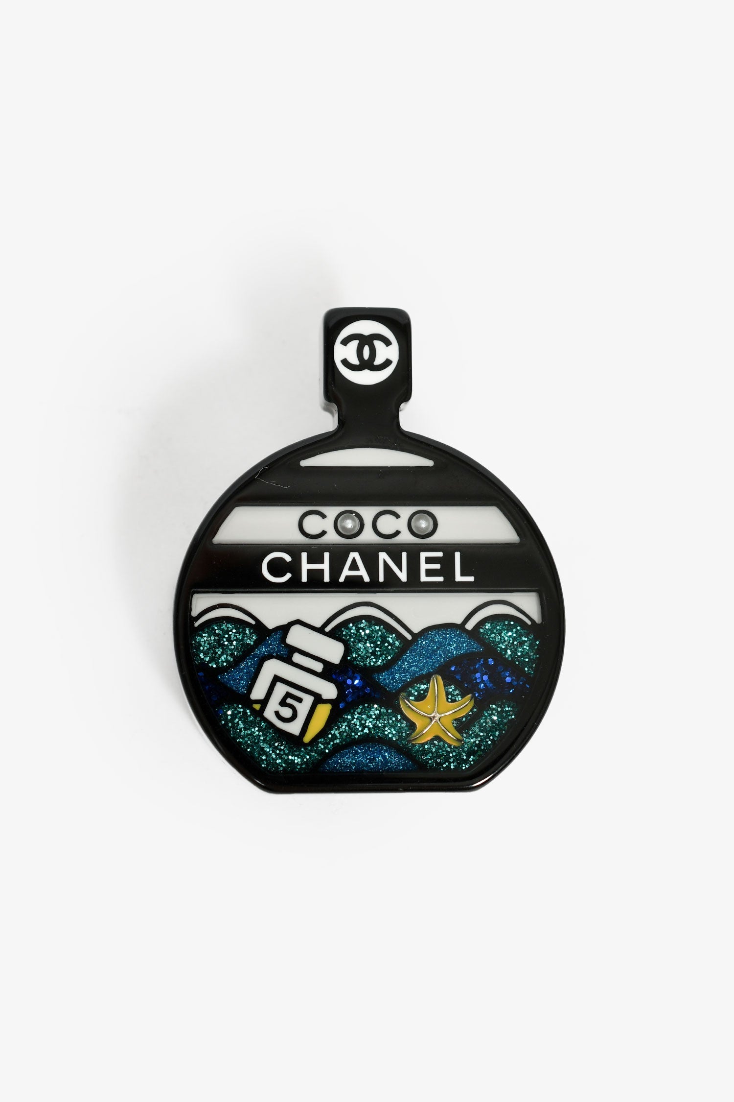 Pre-Loved Chanel™ Black/White Glitter Resin Perfume Bottle Brooch