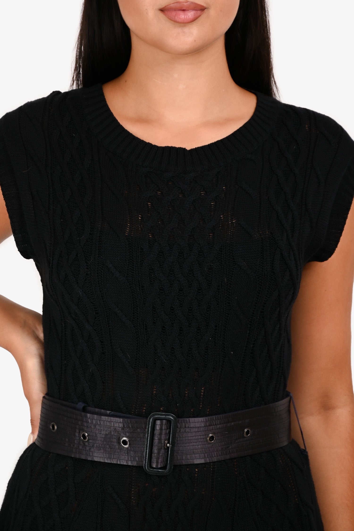 Sacai Black/Navy Knit Sleeveless Midi Dress Size 3 with Belt