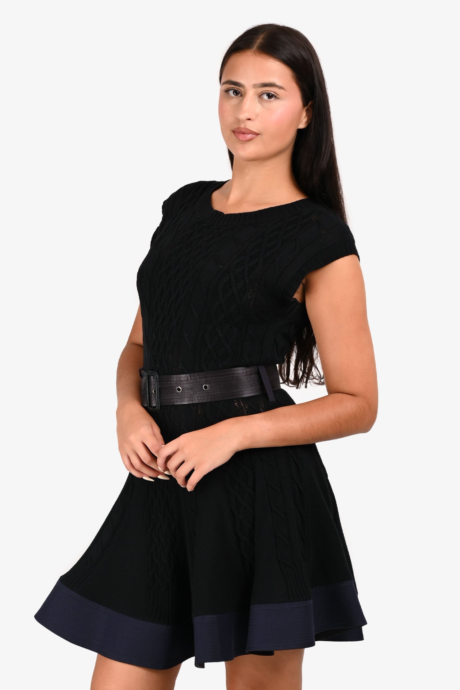 Sacai Black/Navy Knit Sleeveless Midi Dress Size 3 with Belt