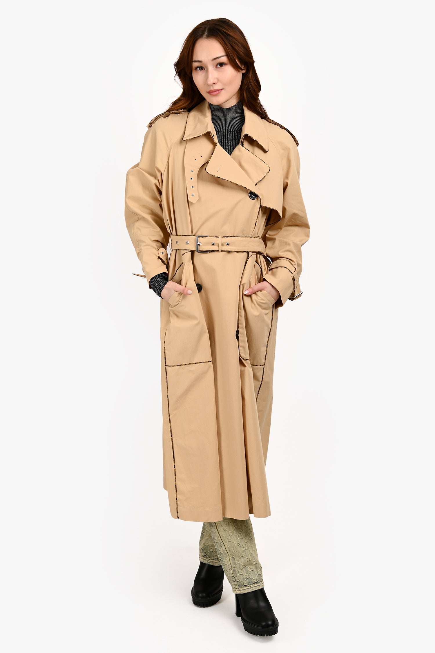 Dries Van Noten Tan Nylon Snakeskin Print Trimmed Long Trench Coat with Belt Size XS