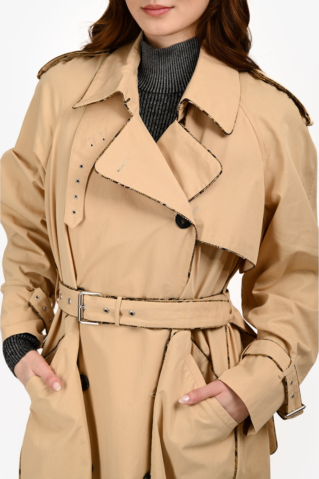 Dries Van Noten Tan Nylon Snakeskin Print Trimmed Long Trench Coat with Belt Size XS