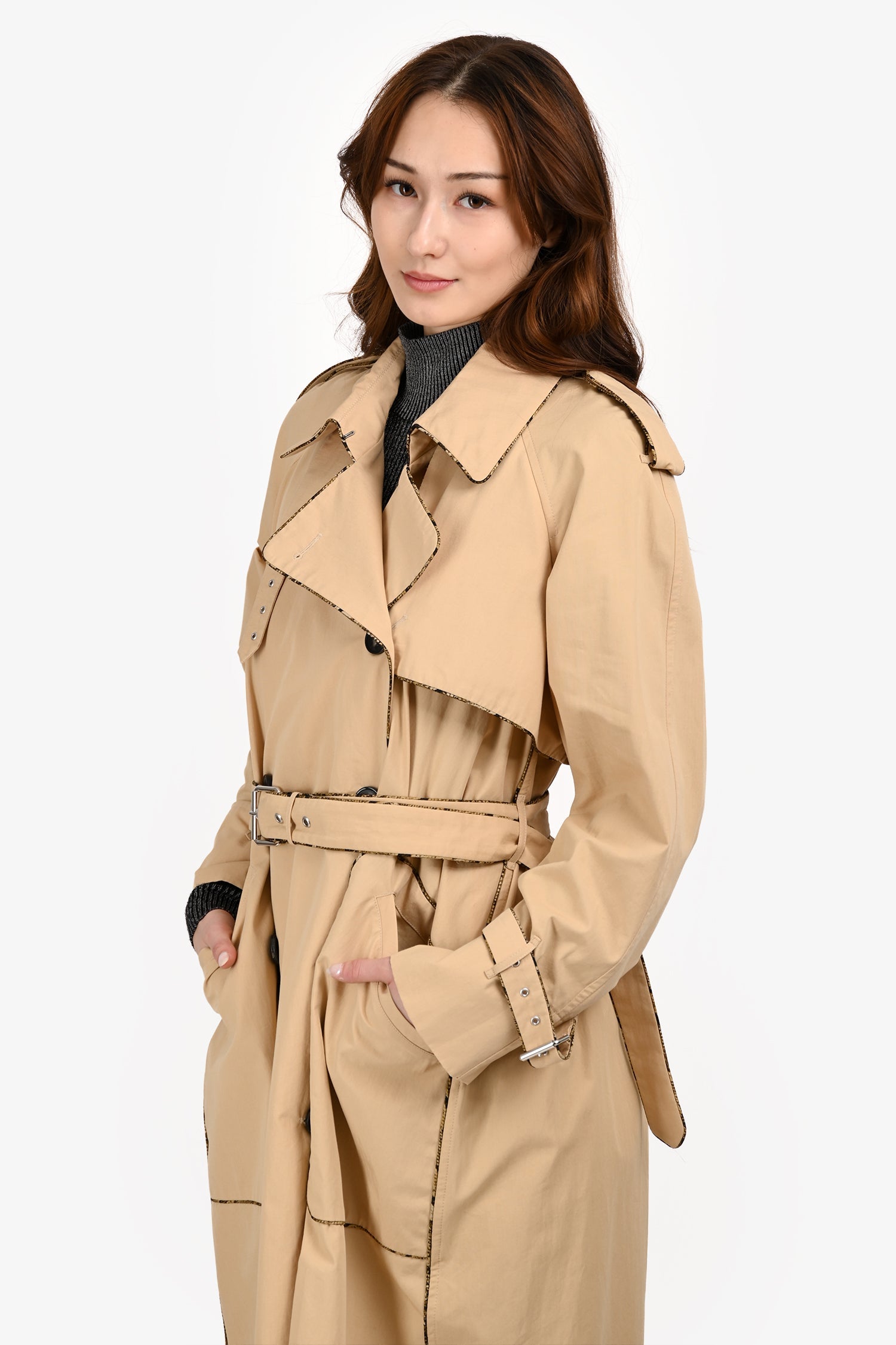 Dries Van Noten Tan Nylon Snakeskin Print Trimmed Long Trench Coat with Belt Size XS