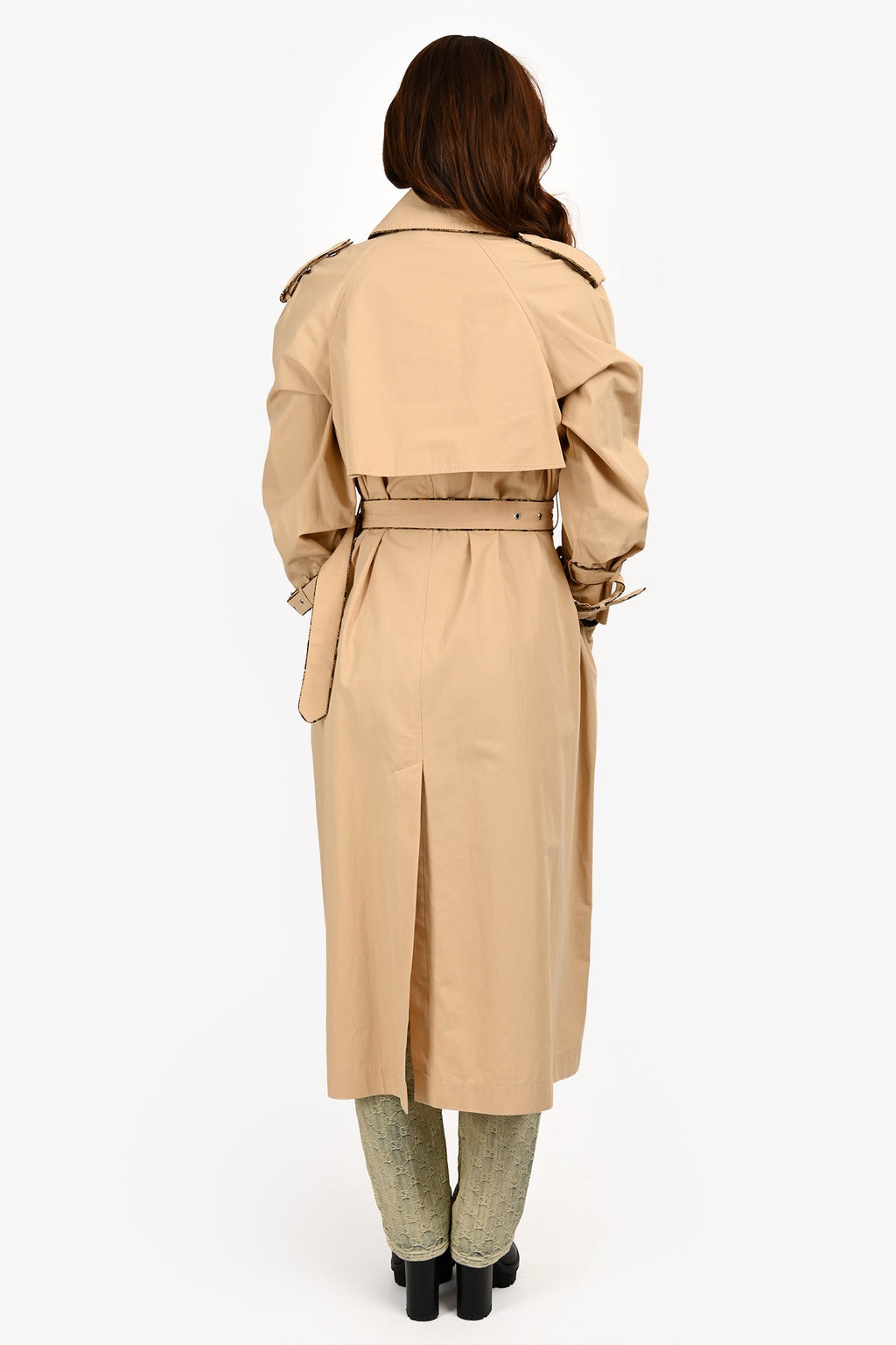 Dries Van Noten Tan Nylon Snakeskin Print Trimmed Long Trench Coat with Belt Size XS