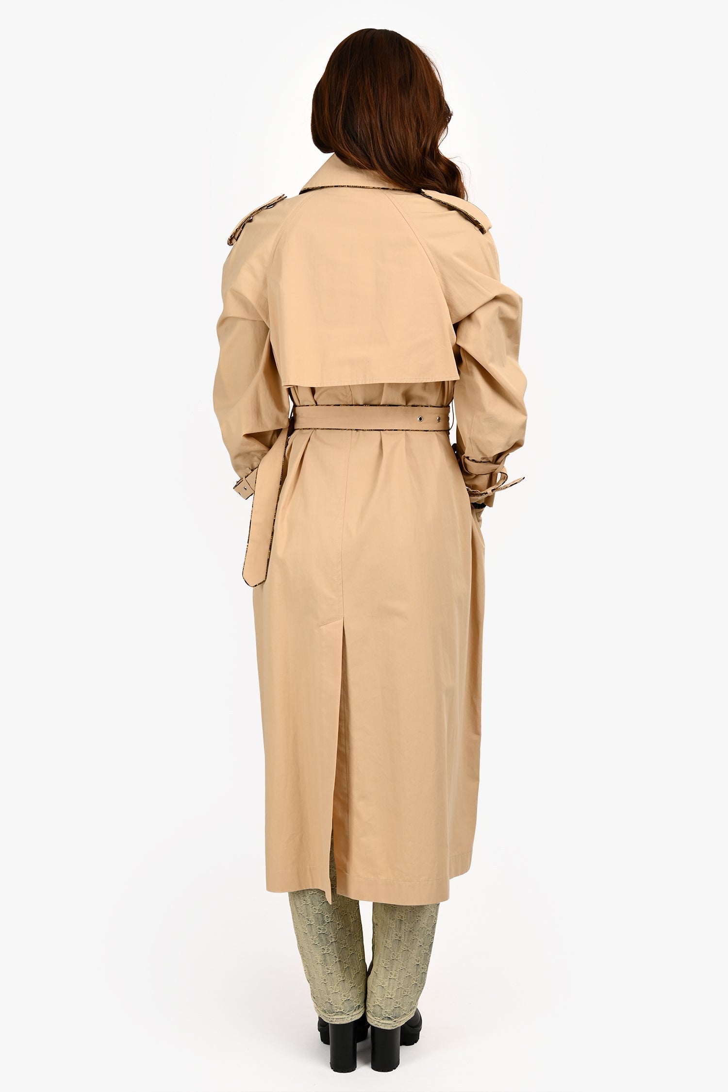 Dries Van Noten Tan Nylon Snakeskin Print Trimmed Long Trench Coat with Belt Size XS