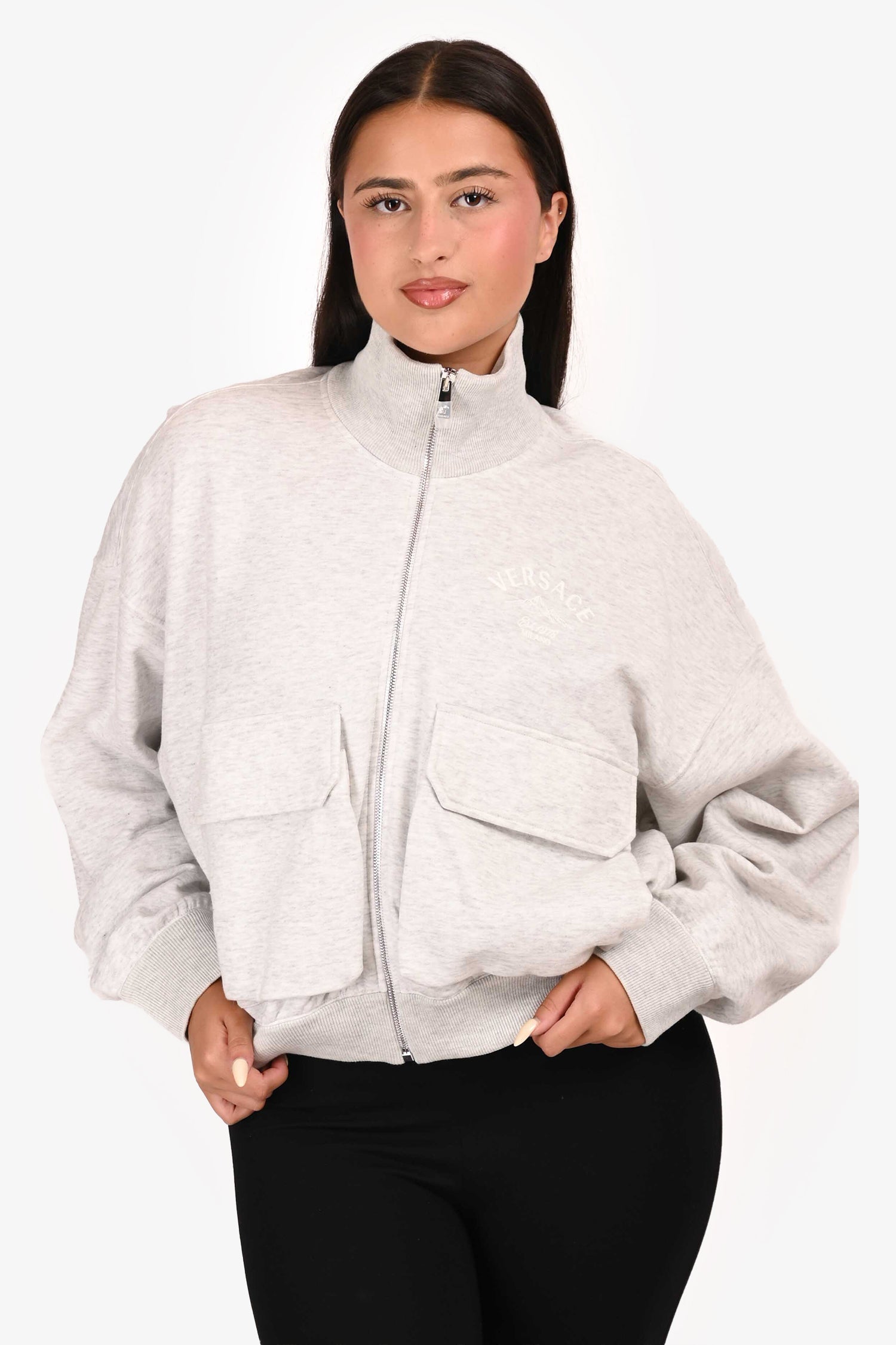 Versace Light Grey Embroidered Zip Up Sweatshirt Size 46