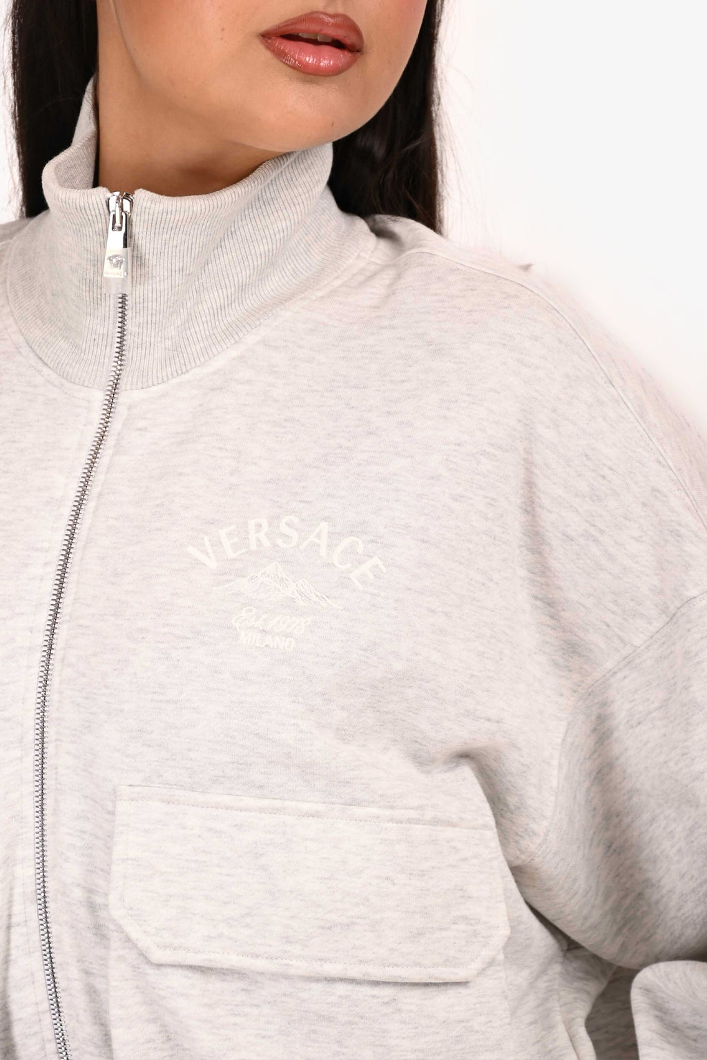 Versace Light Grey Embroidered Zip Up Sweatshirt Size 46