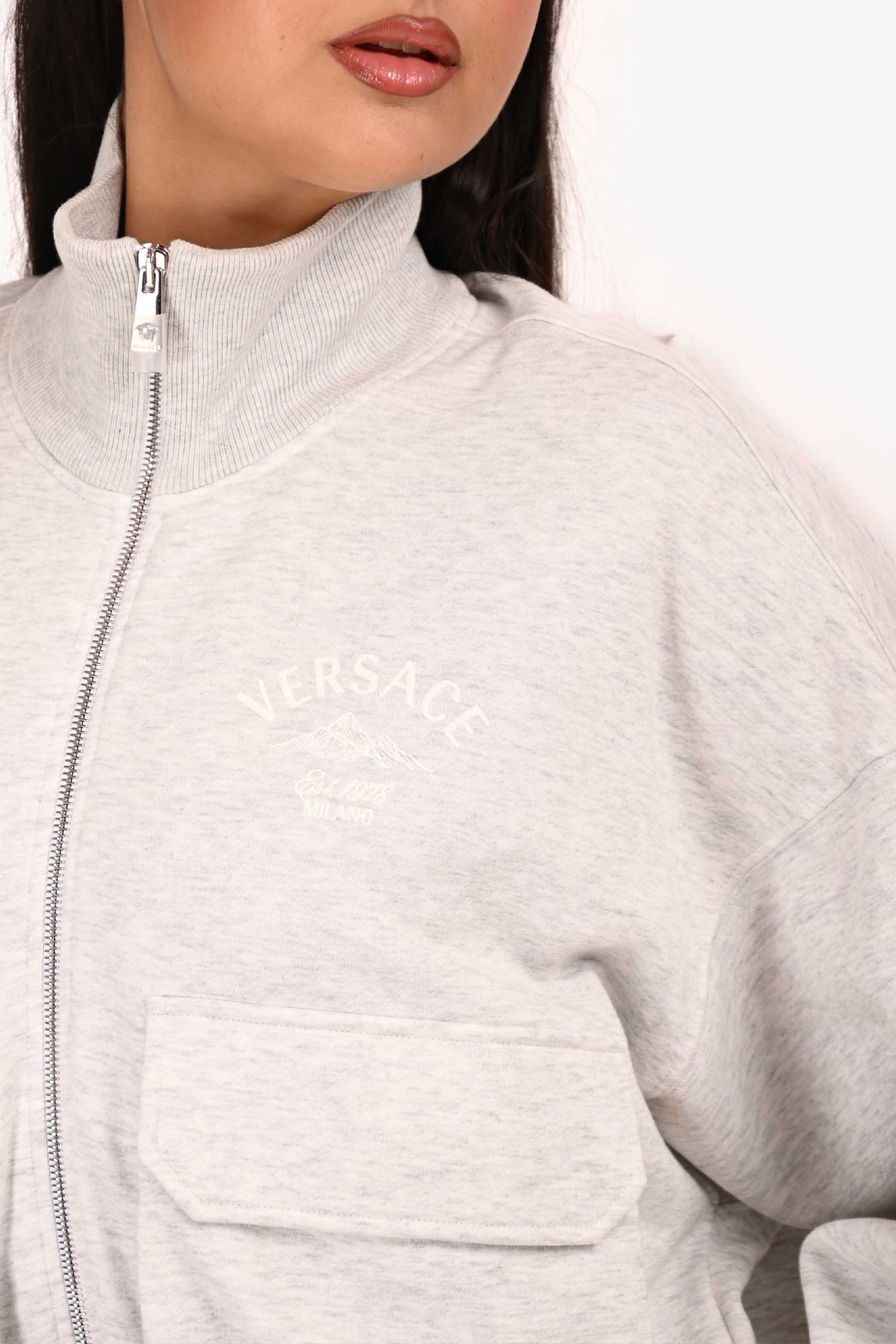 Versace Light Grey Embroidered Zip Up Sweatshirt Size 46