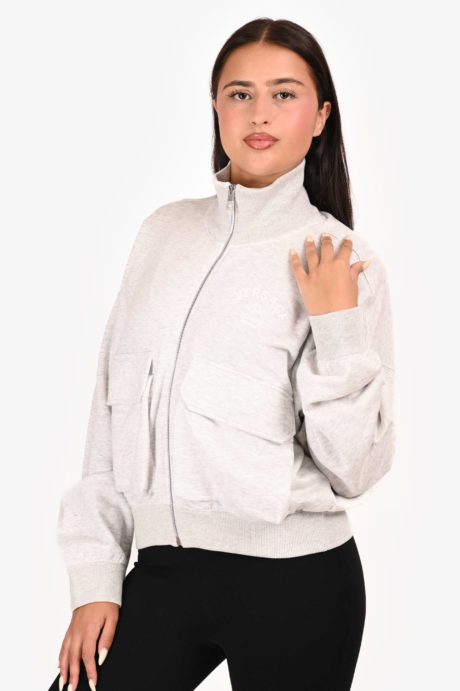 Versace Light Grey Embroidered Zip Up Sweatshirt Size 46