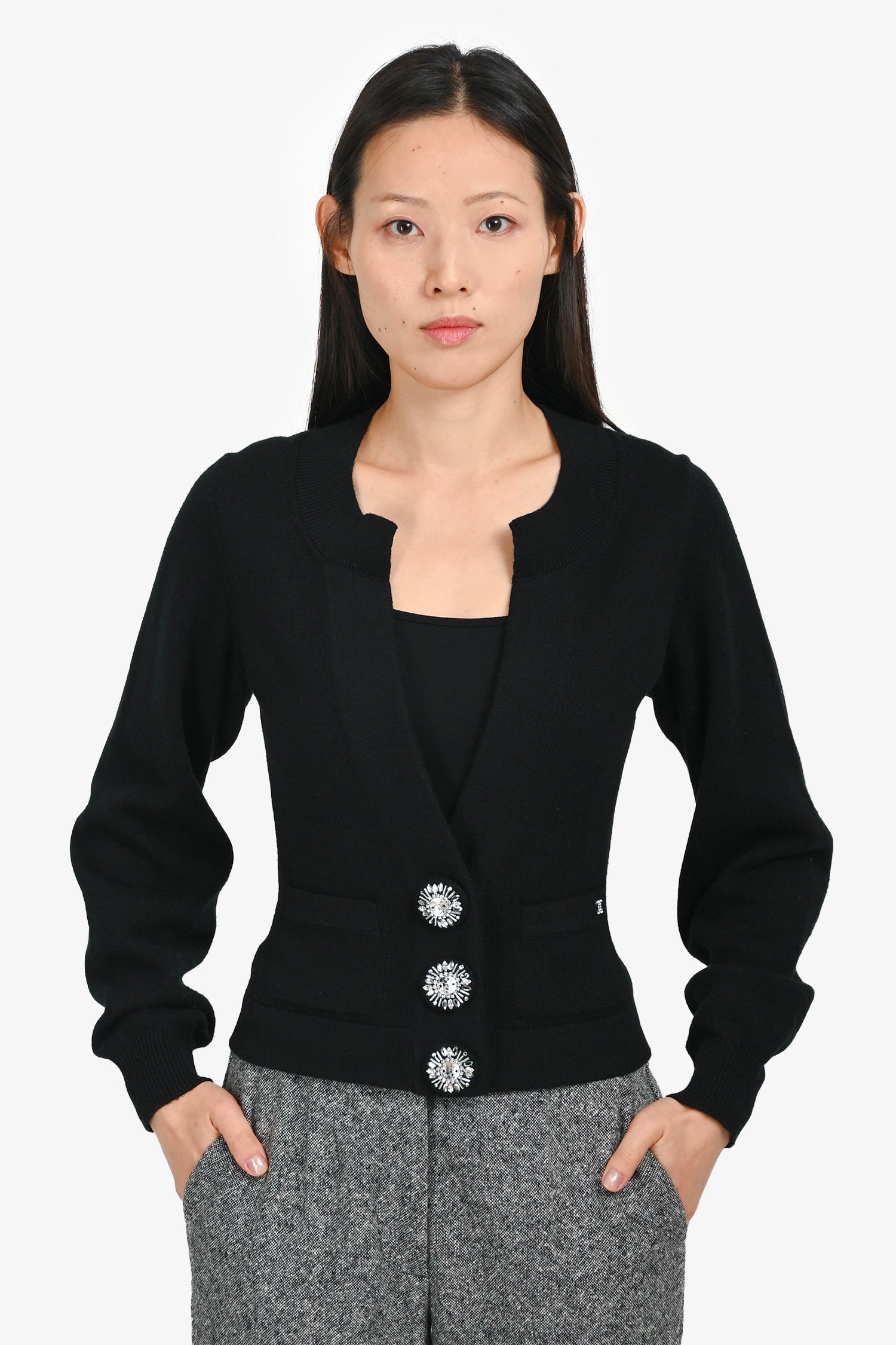 Pre-Loved Chanel™ Black Cashmere Embellished Button igan Size 34
