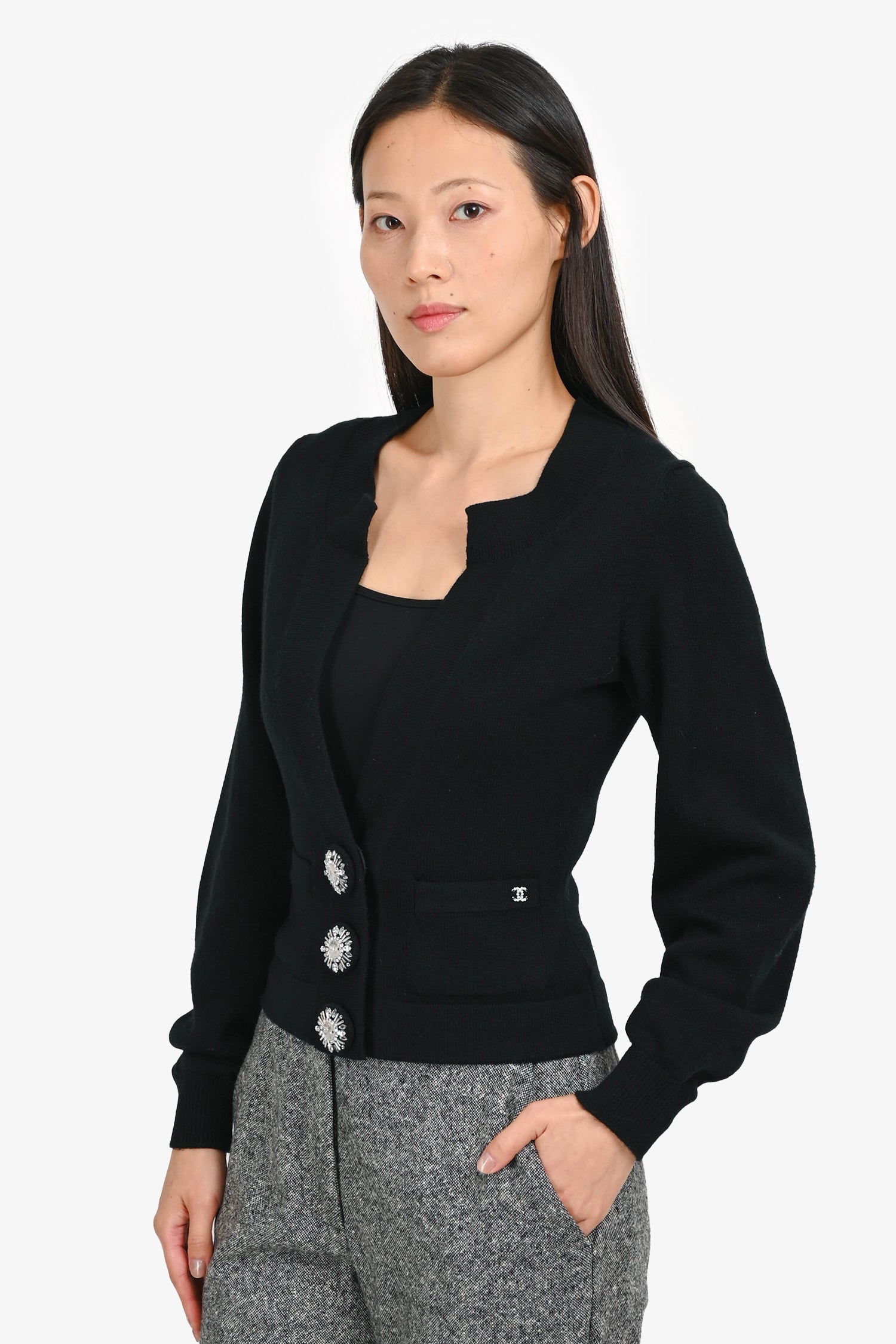 Pre-Loved Chanel™ Black Cashmere Embellished Button igan Size 34