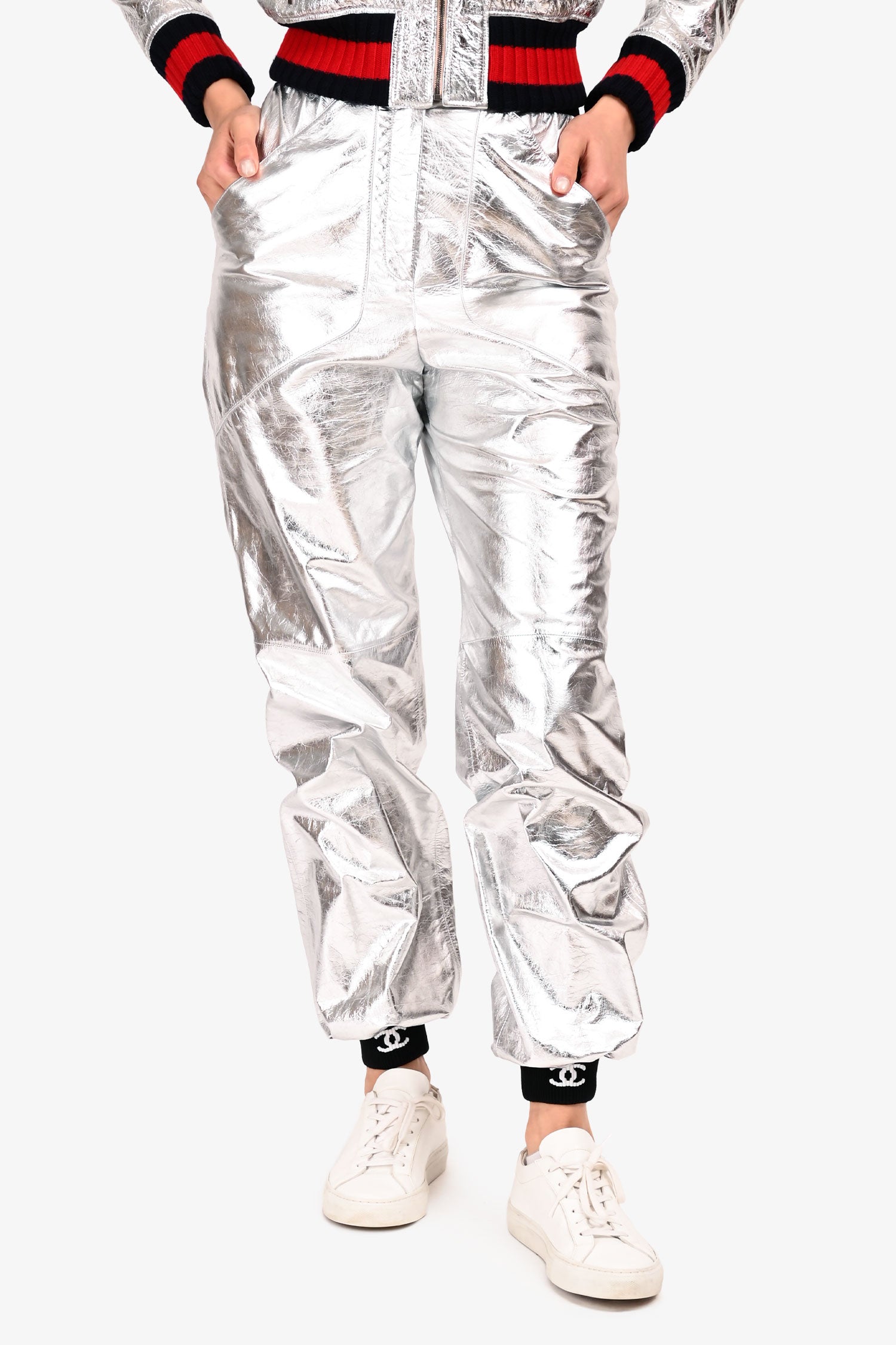 Pre-Loved Chanel™ Silver Calfskin CC Button Jogger Pants Size 34