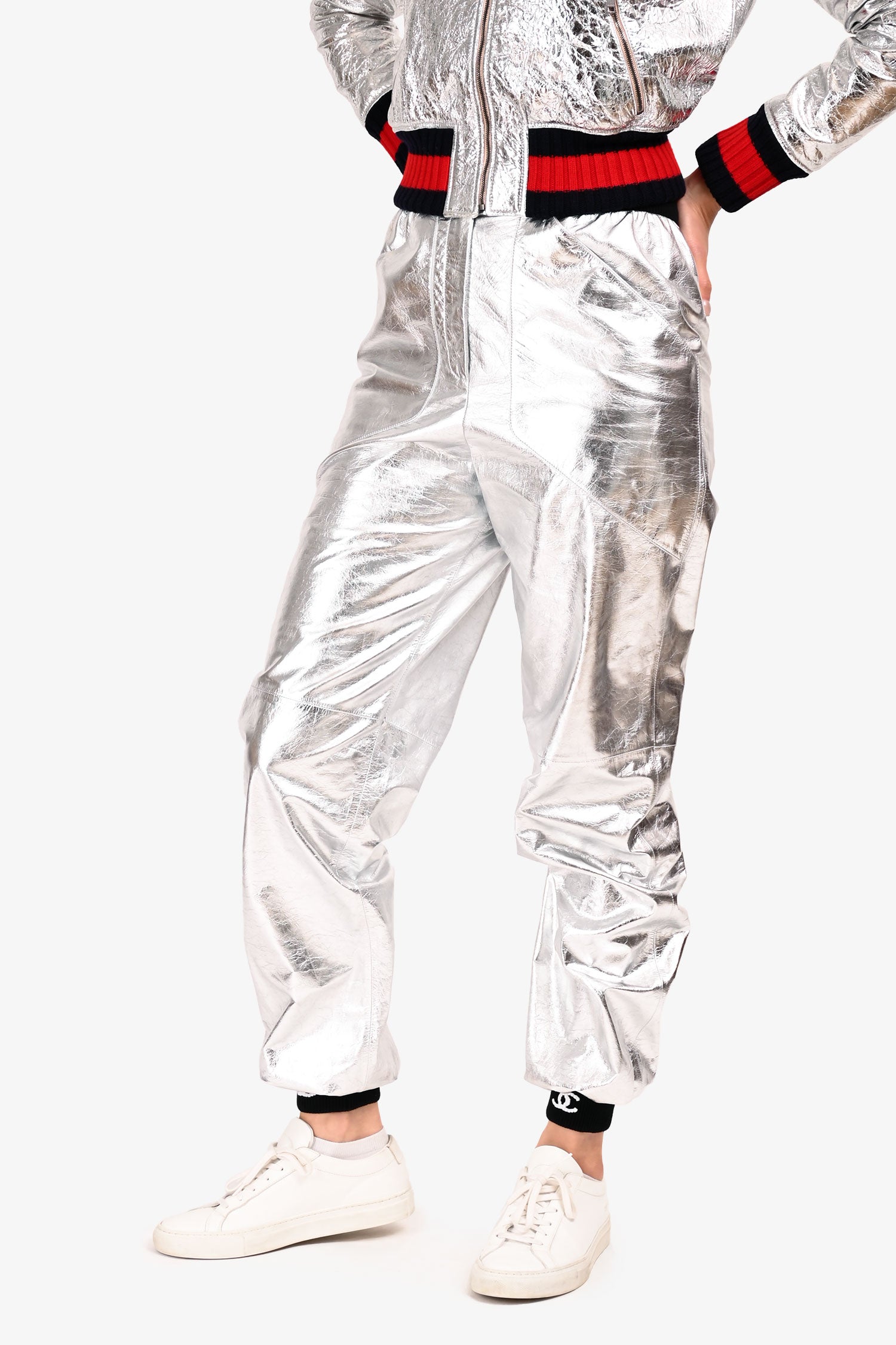 Pre-Loved Chanel™ Silver Calfskin CC Button Jogger Pants Size 34