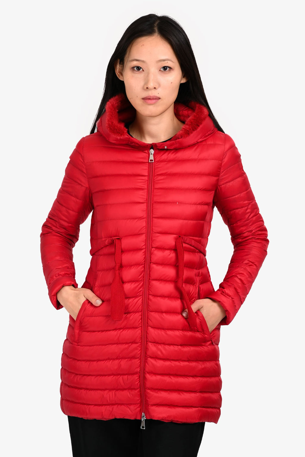 Moncler Red Down Light Puffer 'Barbelfur' Fur Lined Jacket Size 0