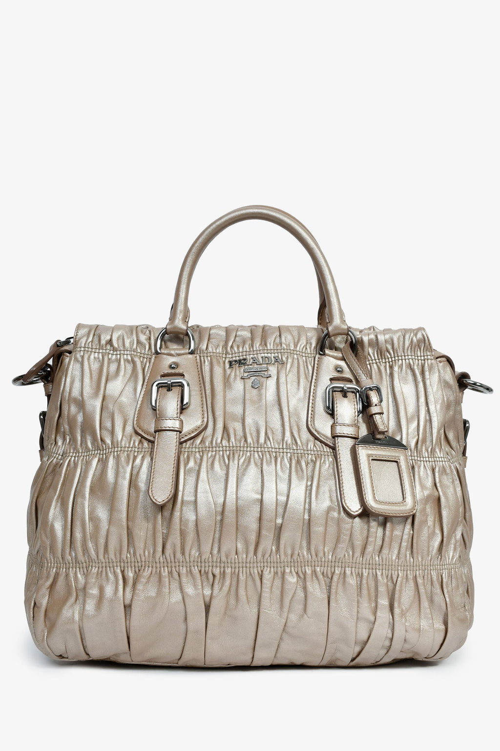 Prada Gold Metallic Nappa Gaufre Leather Top Handle Bag With Strap