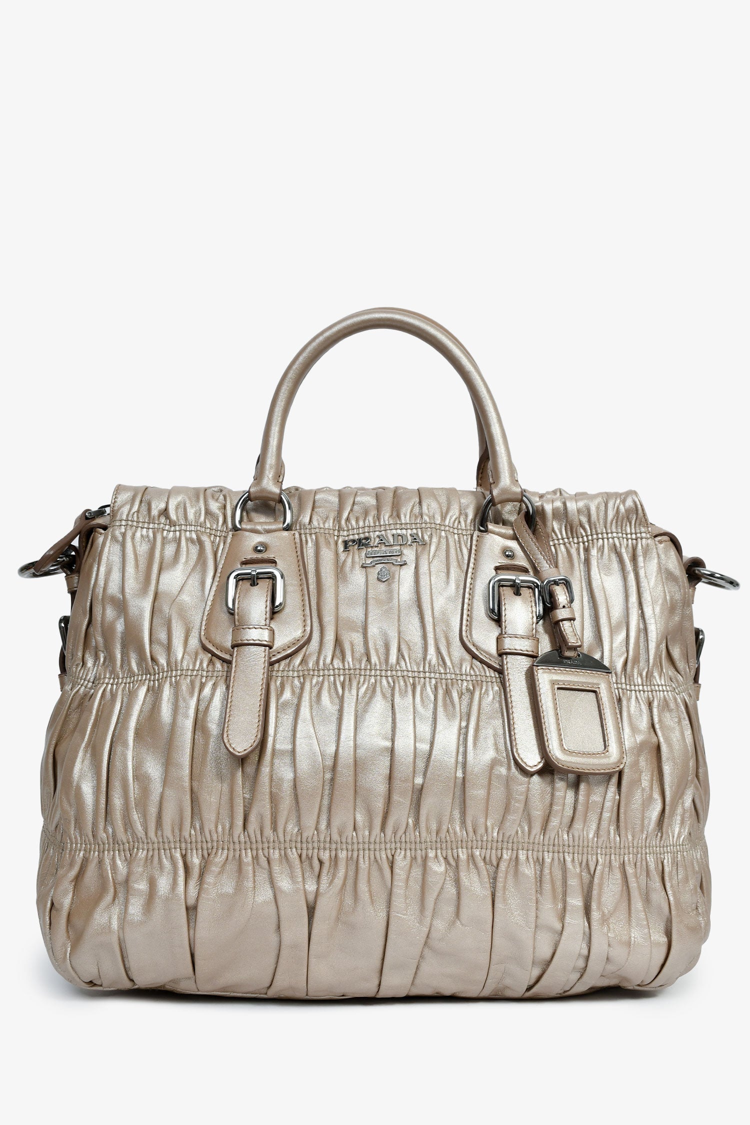 Prada Gold Metallic Nappa Gaufre Leather Top Handle Bag With Strap