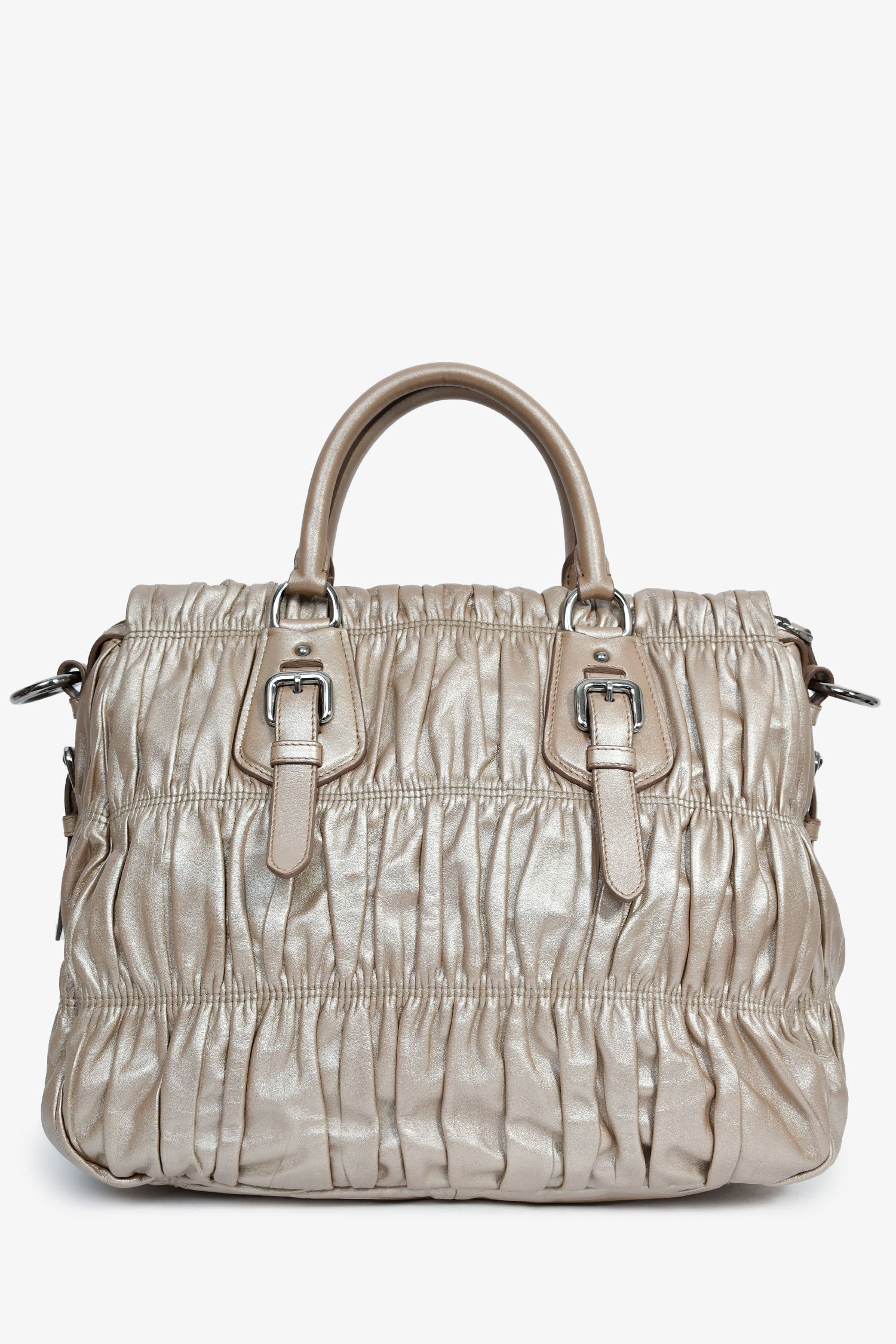Prada Gold Metallic Nappa Gaufre Leather Top Handle Bag With Strap