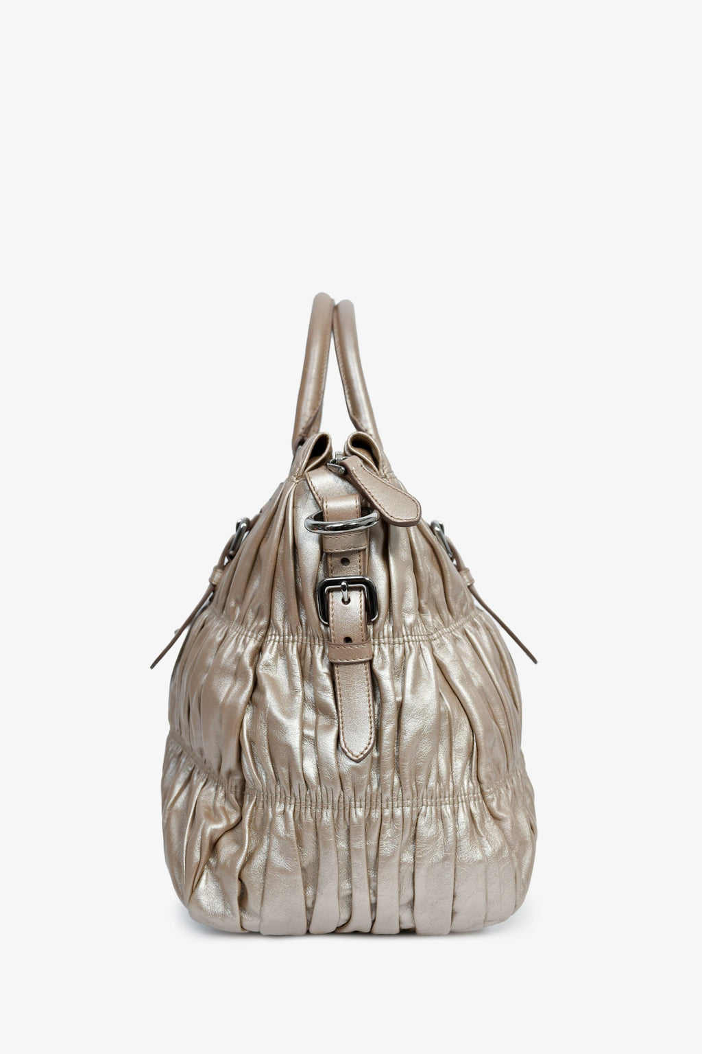 Prada Gold Metallic Nappa Gaufre Leather Top Handle Bag With Strap