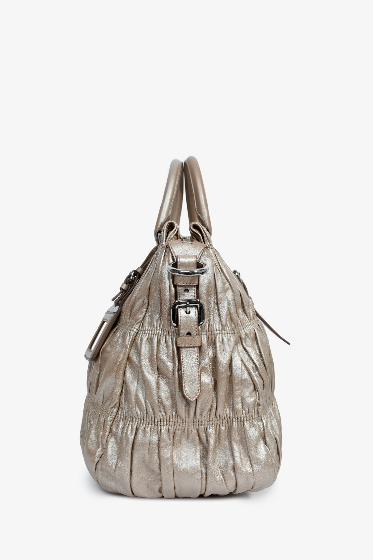 Prada Gold Metallic Nappa Gaufre Leather Top Handle Bag With Strap