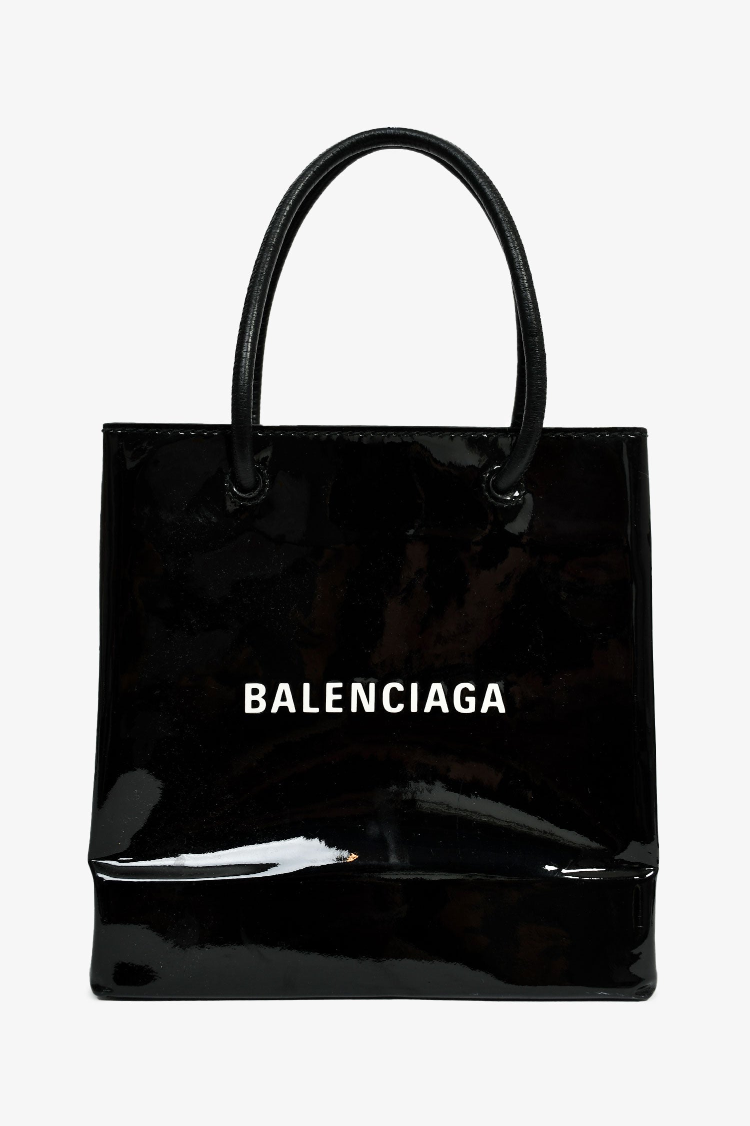 Balenciaga Black Patent Logo XXS Shopping Tote Bag With Strap