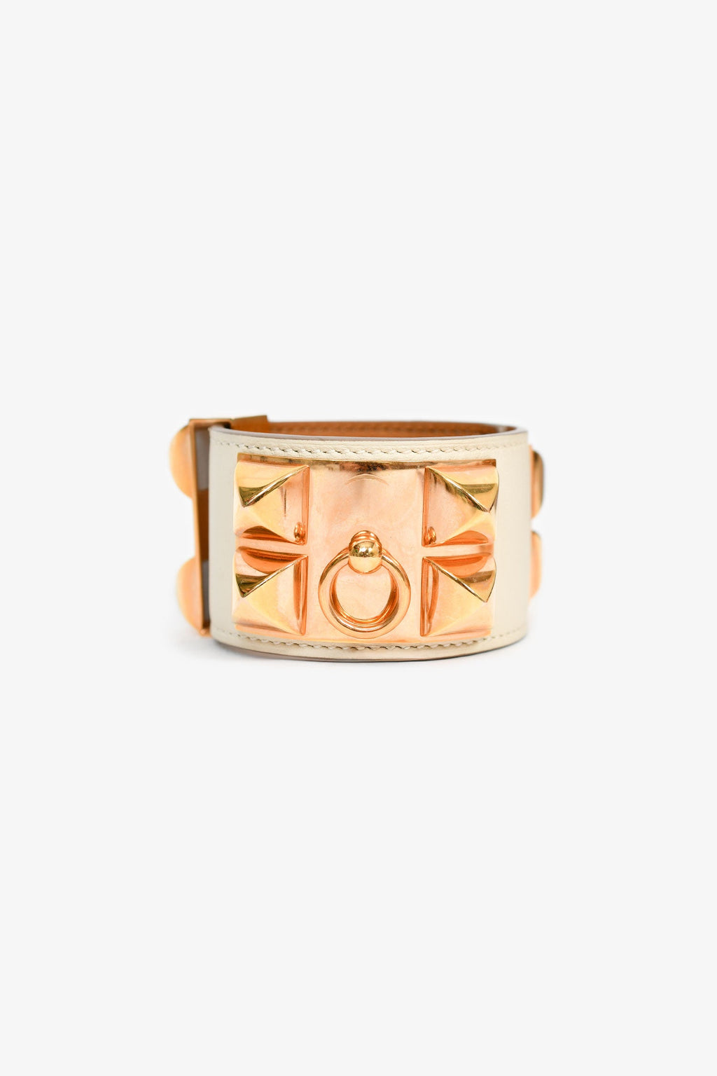 Hermès 2015 White Leather Gold Tone 'Collier de Chien' Bracelet