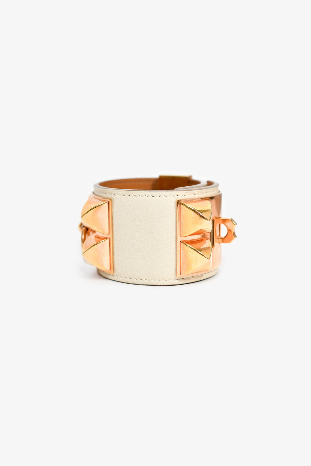 Hermès 2015 White Leather Gold Tone 'Collier de Chien' Bracelet