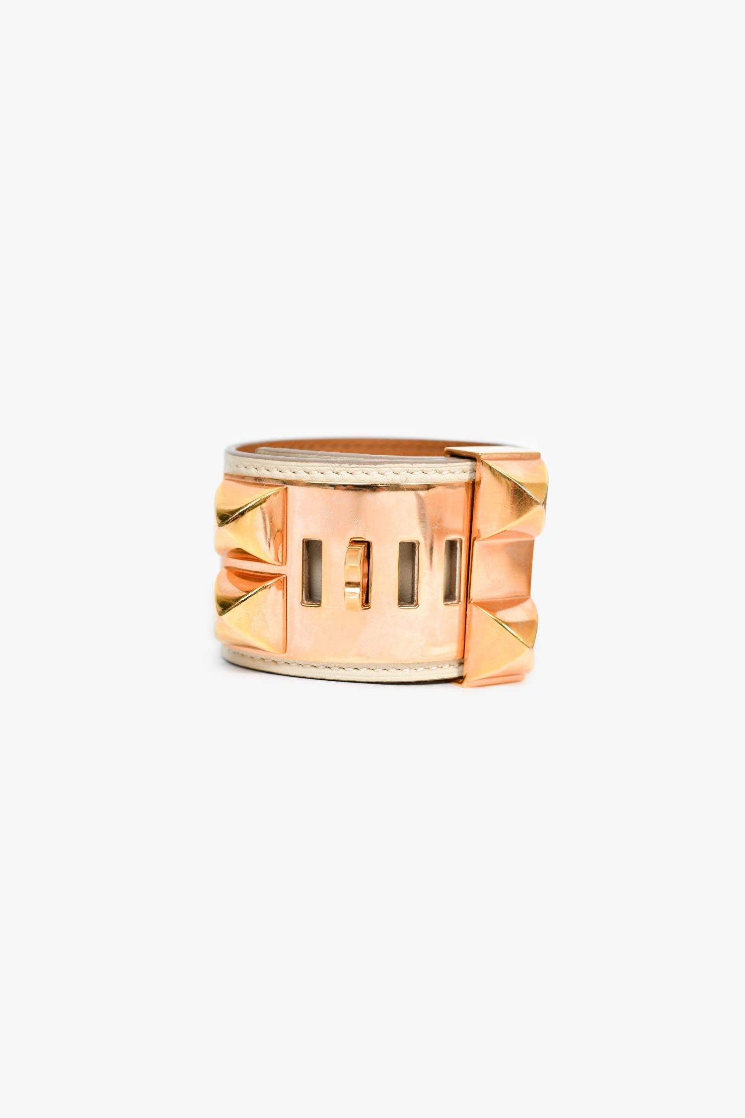 Hermès 2015 White Leather Gold Tone 'Collier de Chien' Bracelet