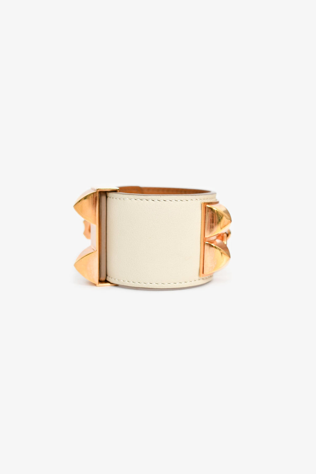 Hermès 2015 White Leather Gold Tone 'Collier de Chien' Bracelet