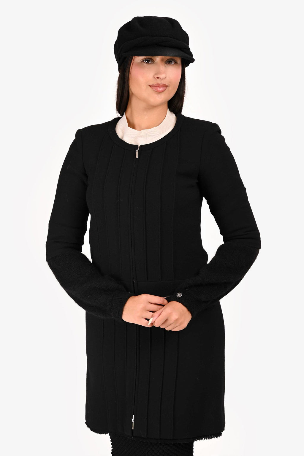 Pre-Loved Chanel™ Black Wool/Silk Zip Up Long Sleeve Dress Size 40