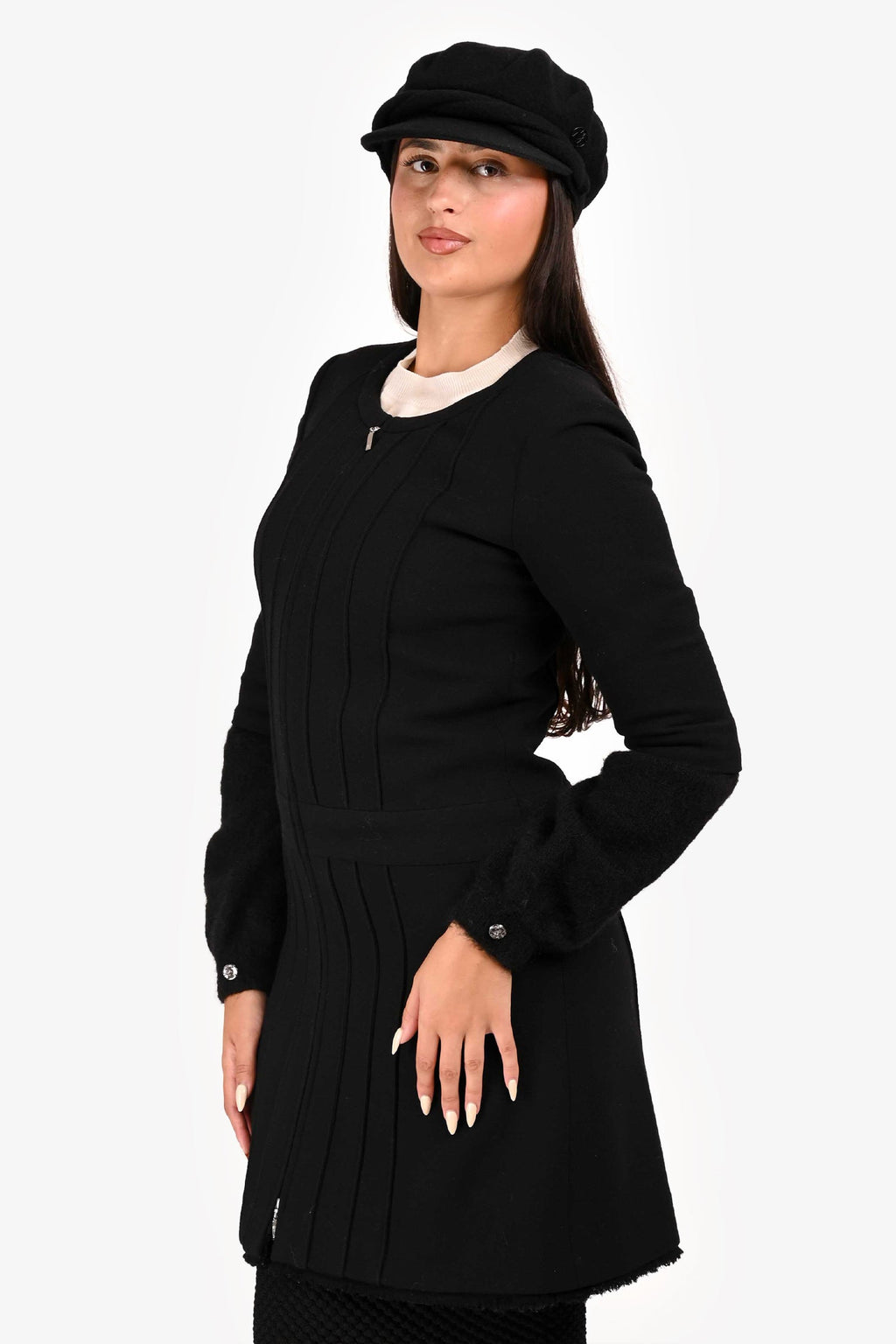 Pre-Loved Chanel™ Black Wool/Silk Zip Up Long Sleeve Dress Size 40