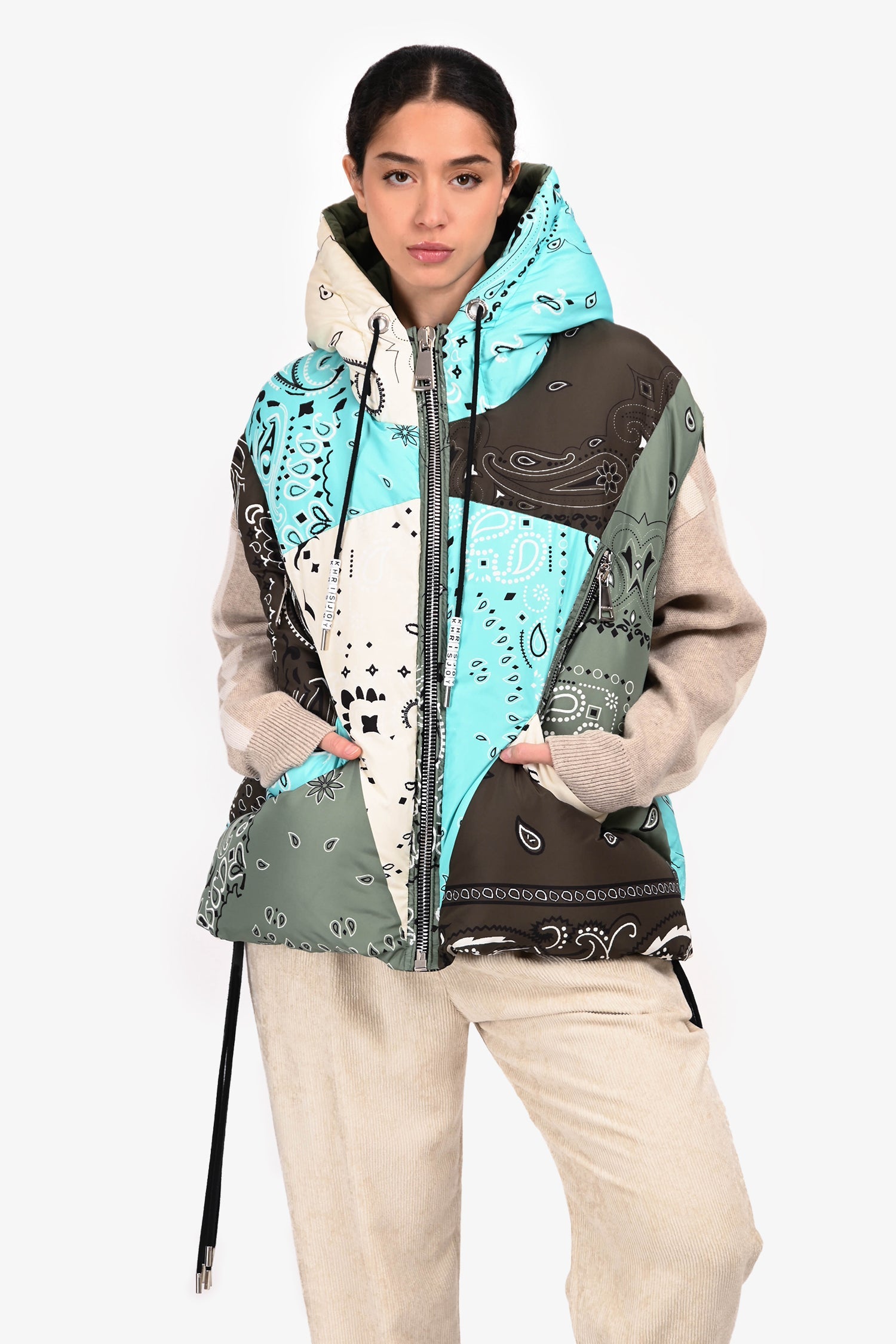 Khrisjoy Green/Blue Bandana Printed White Duck Down Oversized Vest Size 0