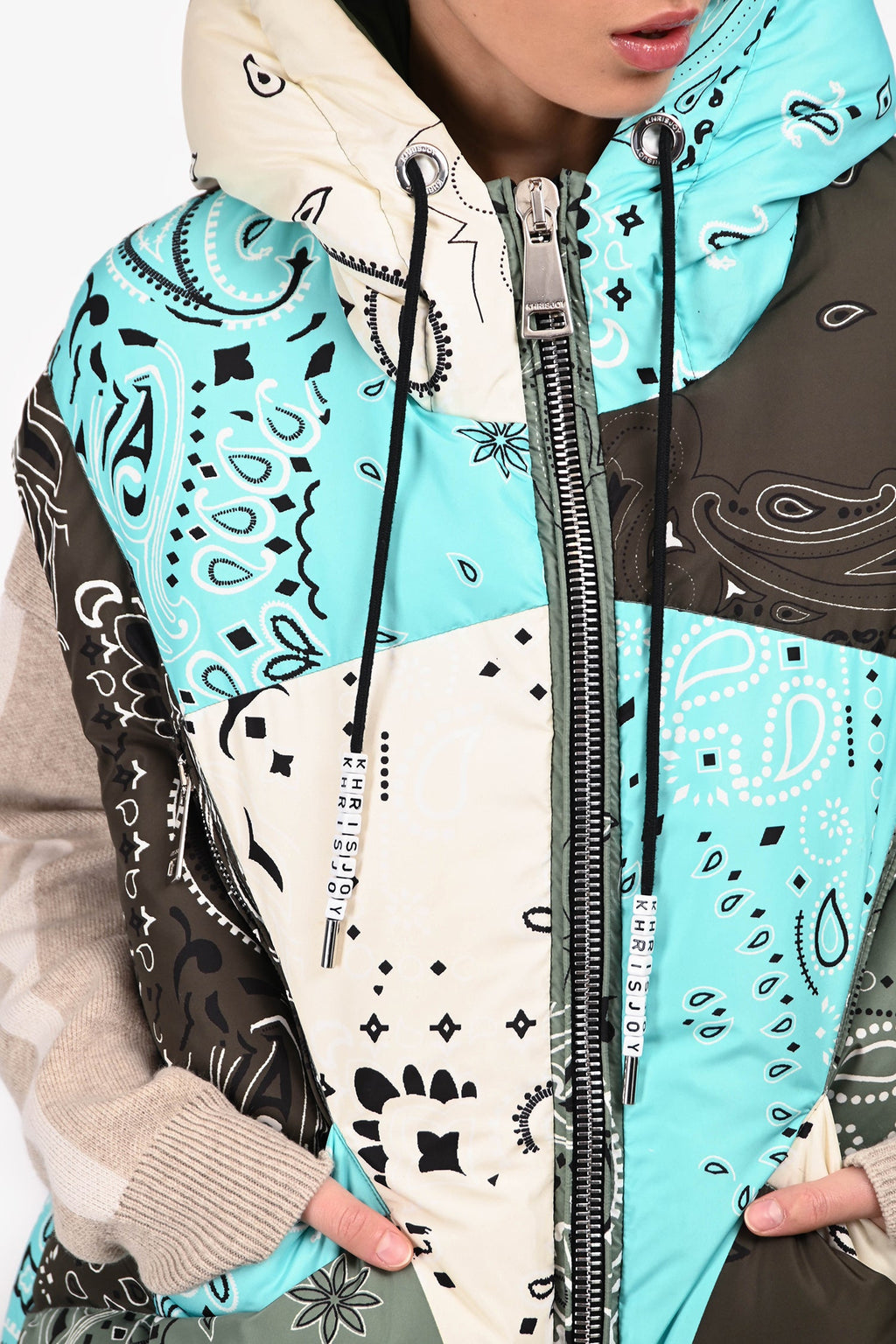 Khrisjoy Green/Blue Bandana Printed White Duck Down Oversized Vest Size 0