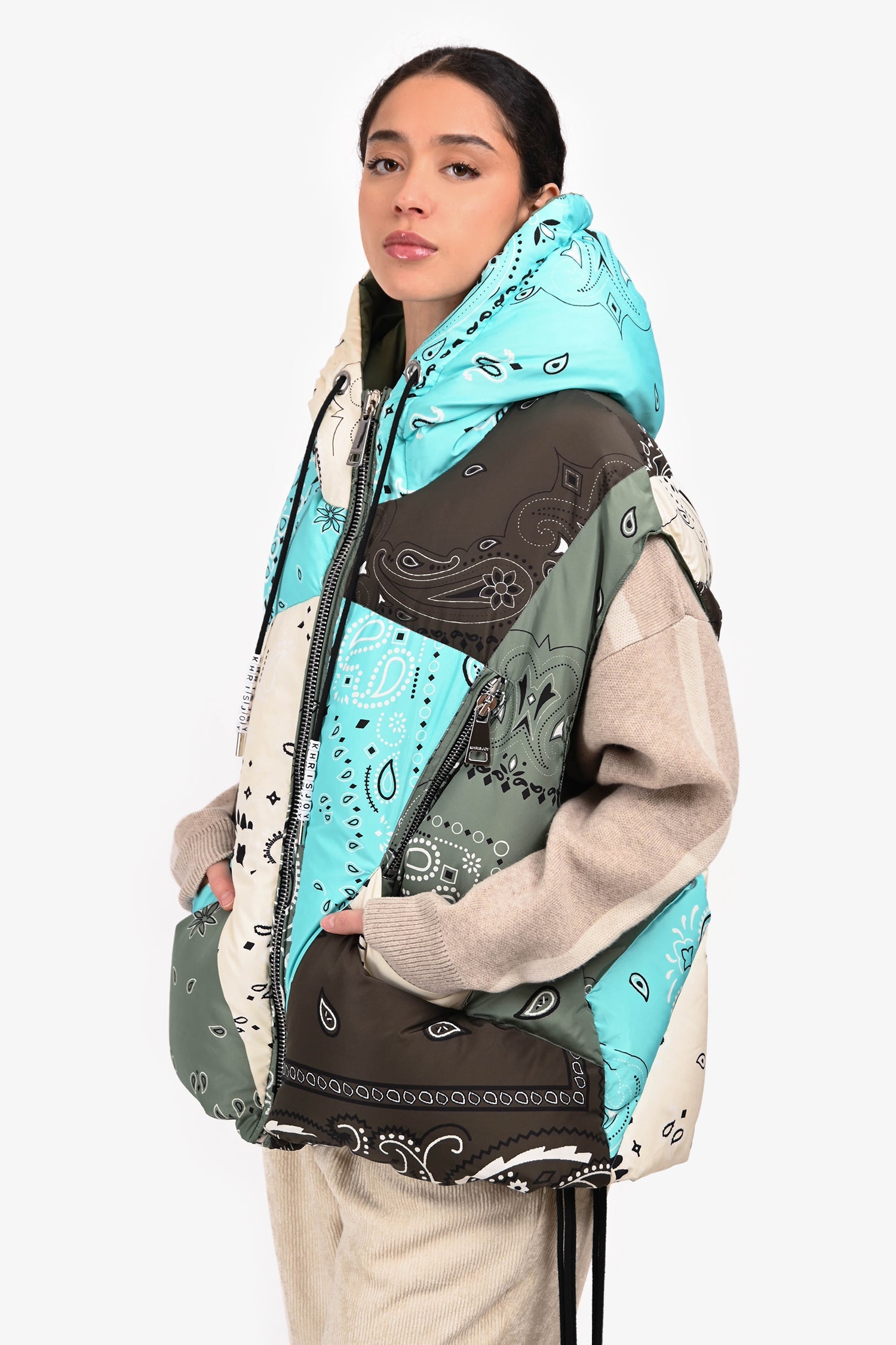 Khrisjoy Green/Blue Bandana Printed White Duck Down Oversized Vest Size 0