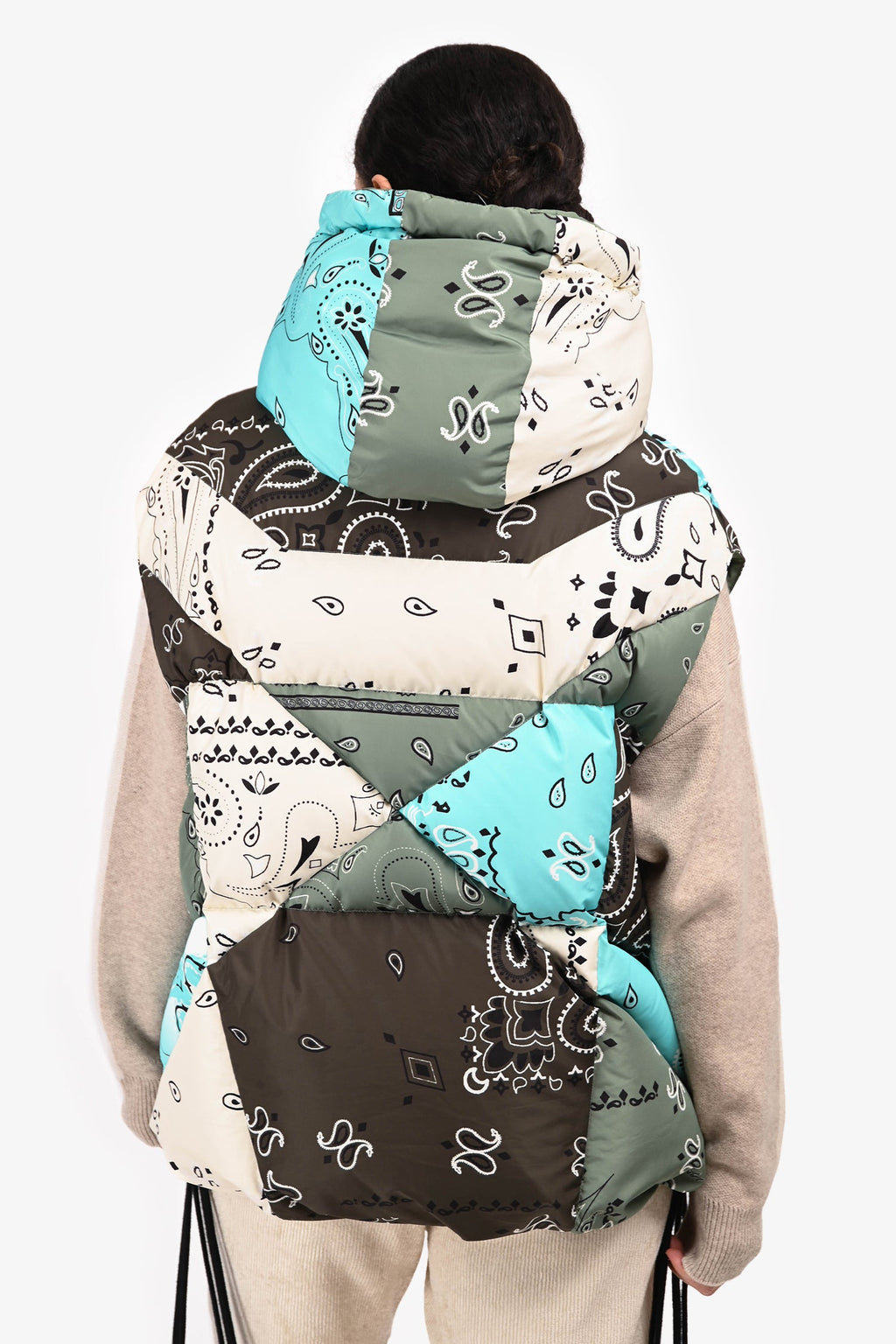 Khrisjoy Green/Blue Bandana Printed White Duck Down Oversized Vest Size 0