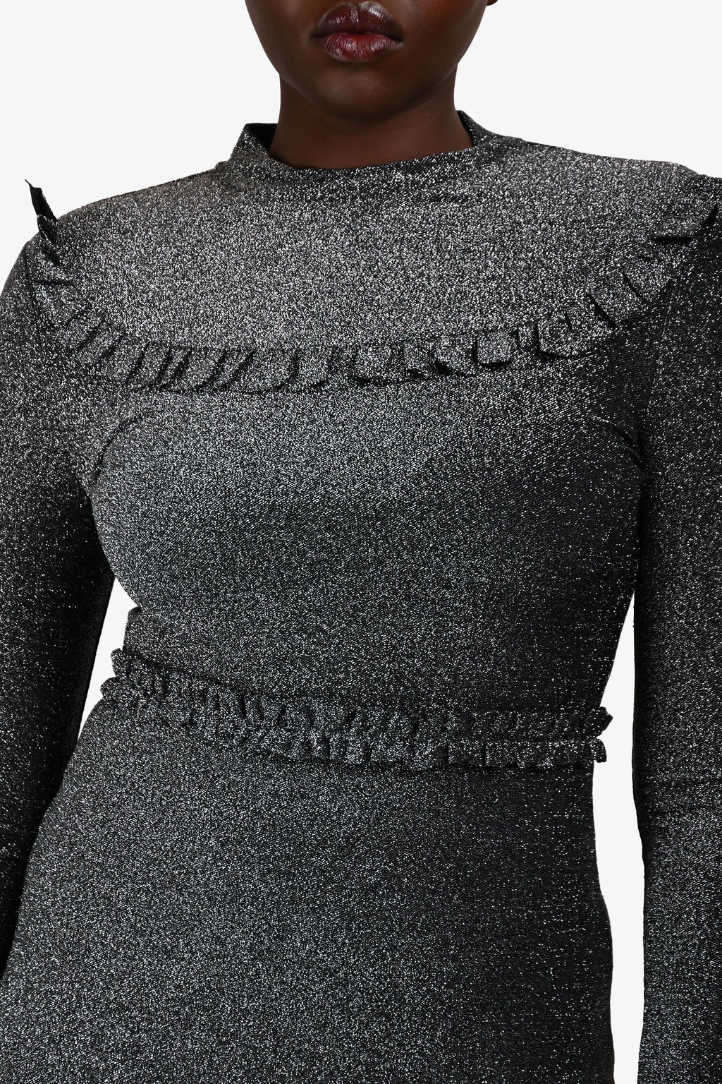 Maje Silver Glittery Long Sleeve Ruffle Detail Dress Size 3