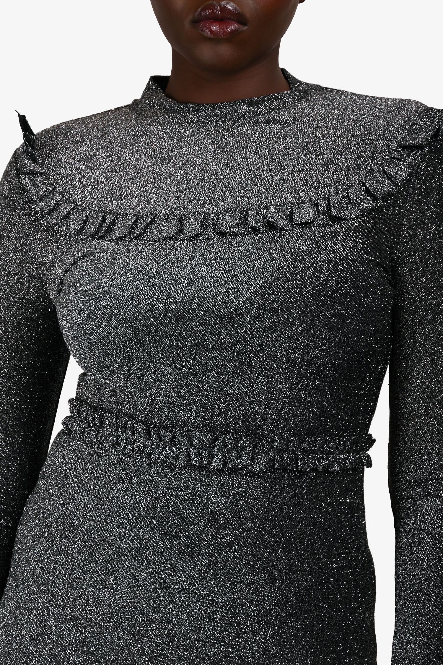 Maje Silver Glittery Long Sleeve Ruffle Detail Dress Size 3