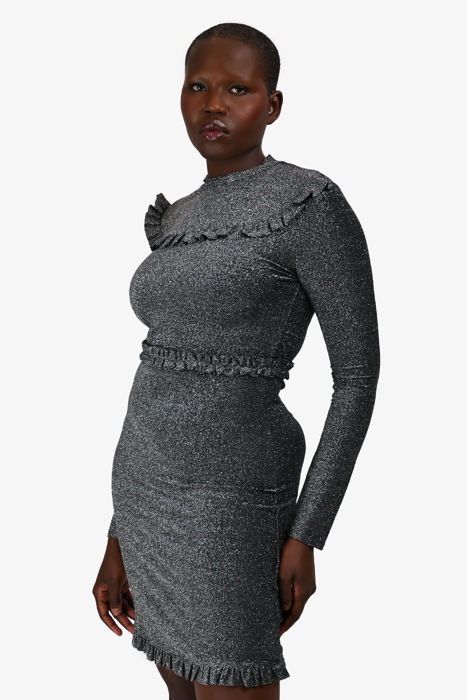 Maje Silver Glittery Long Sleeve Ruffle Detail Dress Size 3