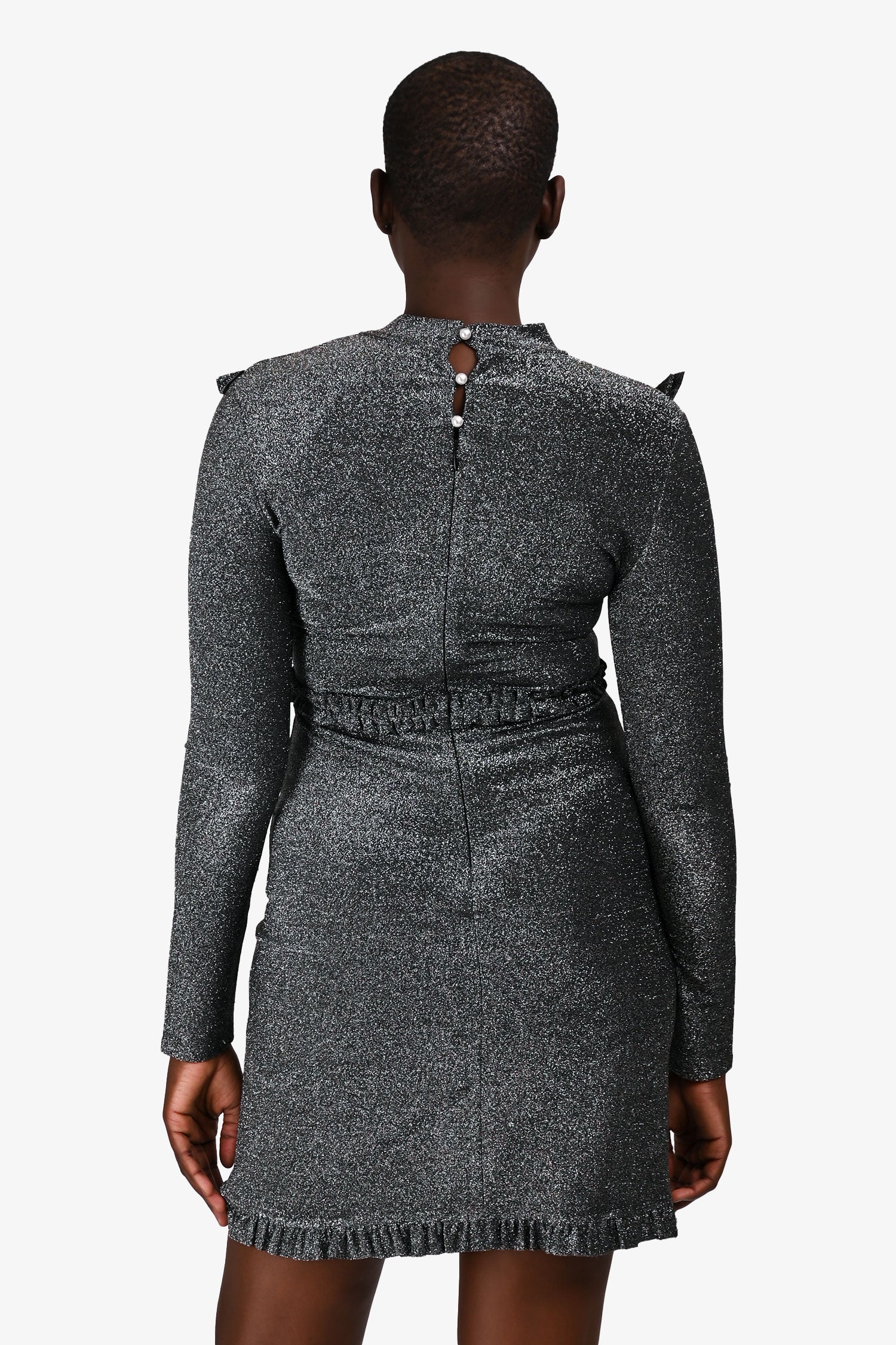 Maje Silver Glittery Long Sleeve Ruffle Detail Dress Size 3